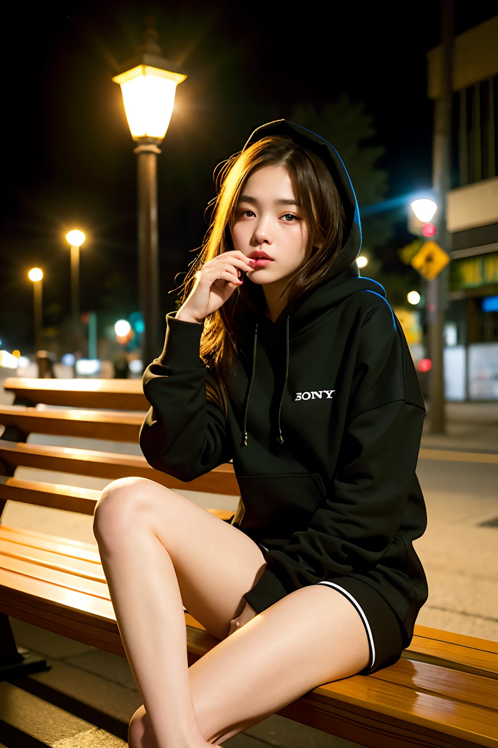 Sad theme , (best quality, masterpiece:1.2), 18yo beautiful  girl sitting the Bench,black hoody , (Street lamp background:1.3), shoot the Sony a7,3.5 mm Lens, f 1.8 apature, lighting glow effect,no retouching,raw photo realistic, skin texture is very detail ,no makeup, background lighting is yellow, raining day,atmosphere is moody, smoking girl,On the way to the vapors