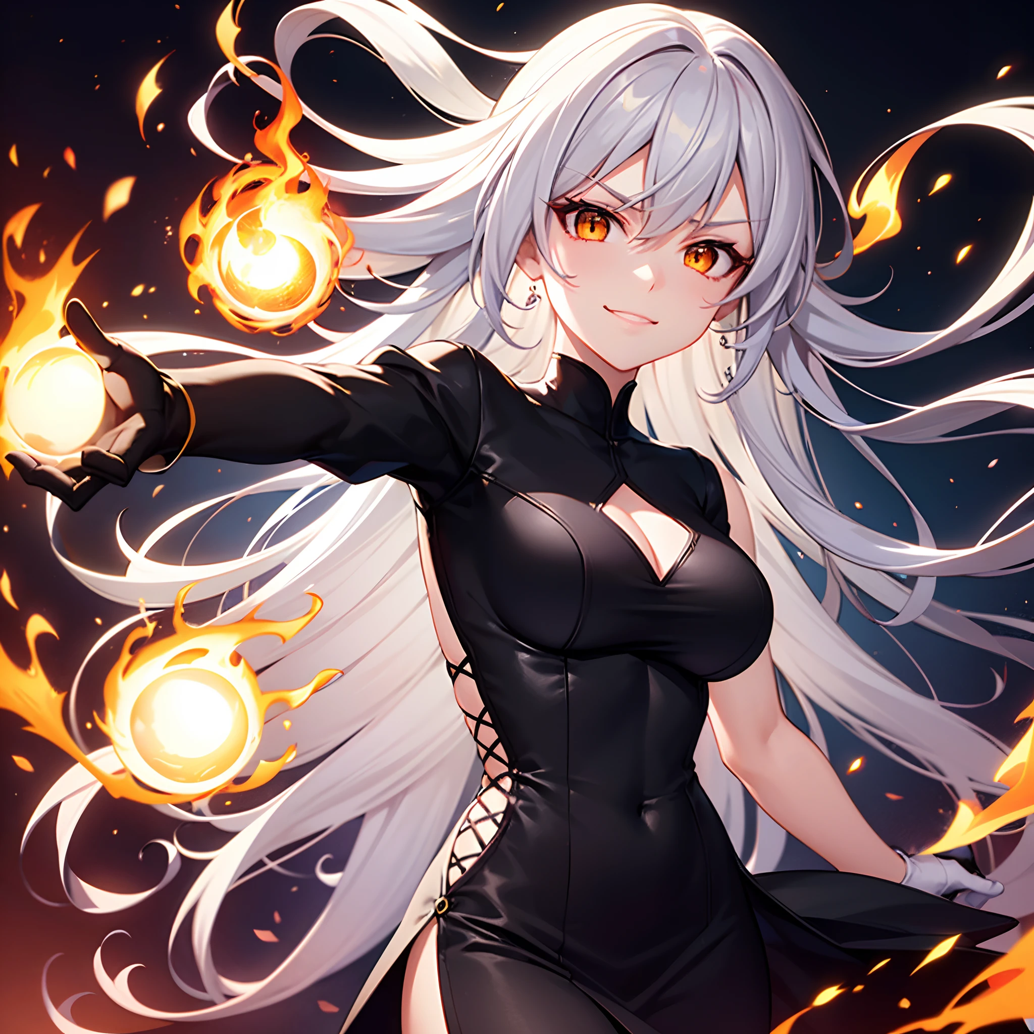 1woman, long white hair, orange eyes, medium breast, smirk, black elegant dress, black gloves, dynamic pose, holding a fireball, fire wall, dramatic, cinematic, best quality, masterpiece, vivid colors, portrait, black background, looking at the camera, from the front, circles of fire, 1result