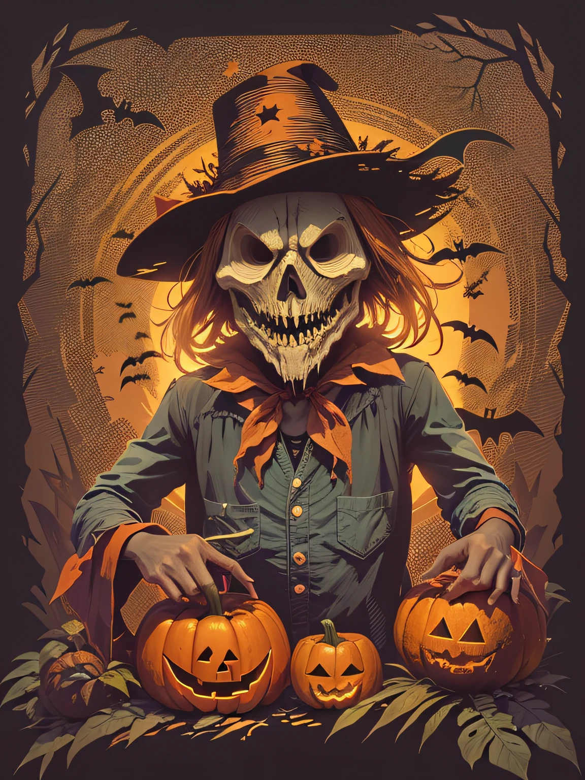 High quality design vector style image, t-shirt print style, graphic art white background of a scary scarecrow with Halloween pumpkin head, bright and realistic colors, fantasy style halloween backdrop