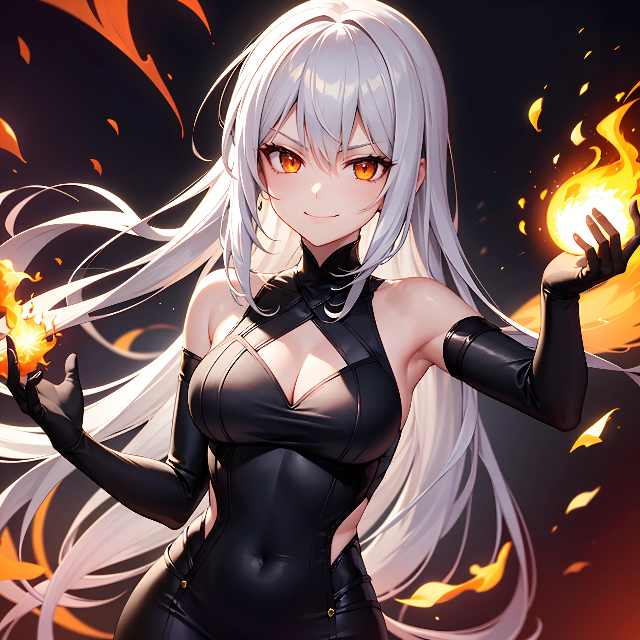 1woman, long white hair, orange eyes, medium breast, smirk, black elegant dress, black gloves, dynamic pose, holding a fireball, fire wall, dramatic, cinematic, best quality, masterpiece, vivid colors, portrait, black background, looking at the camera, from the front, circles of fire, 1result