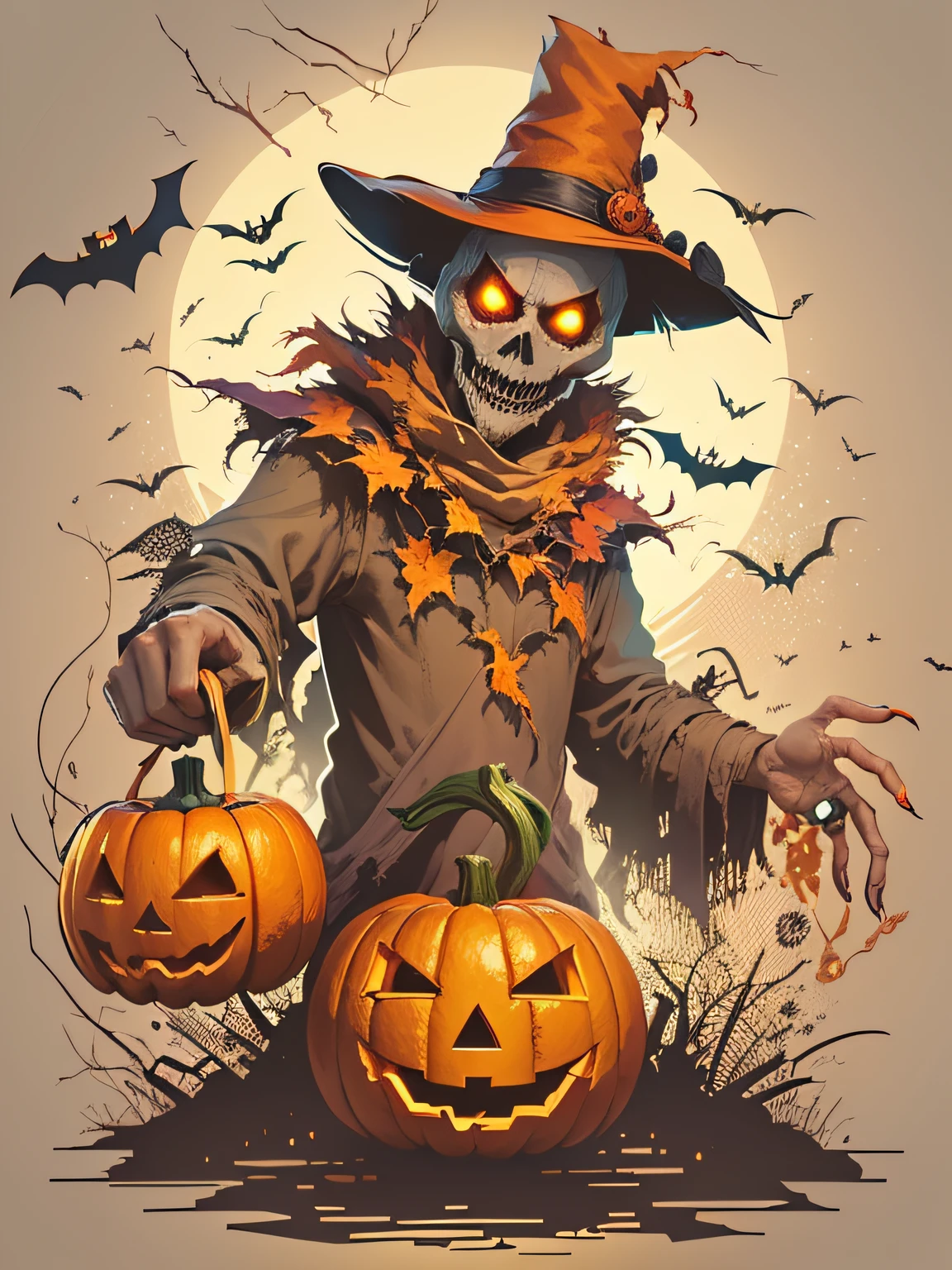 High quality design vector style image, t-shirt print style, graphic art white background of a scary scarecrow with Halloween pumpkin head, bright and realistic colors, fantasy style halloween backdrop
