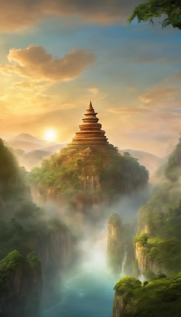 A giant, Realistic depiction of Leshan Buddha, Blend seamlessly with nature, surrealism, Ultra-detailed, Photorealistic:1.37, 3D rendering of, Cinematic lighting, Divine light, Ultra-high definition, Masterpiece:1.2, Textured skin, Best quality, high resolution