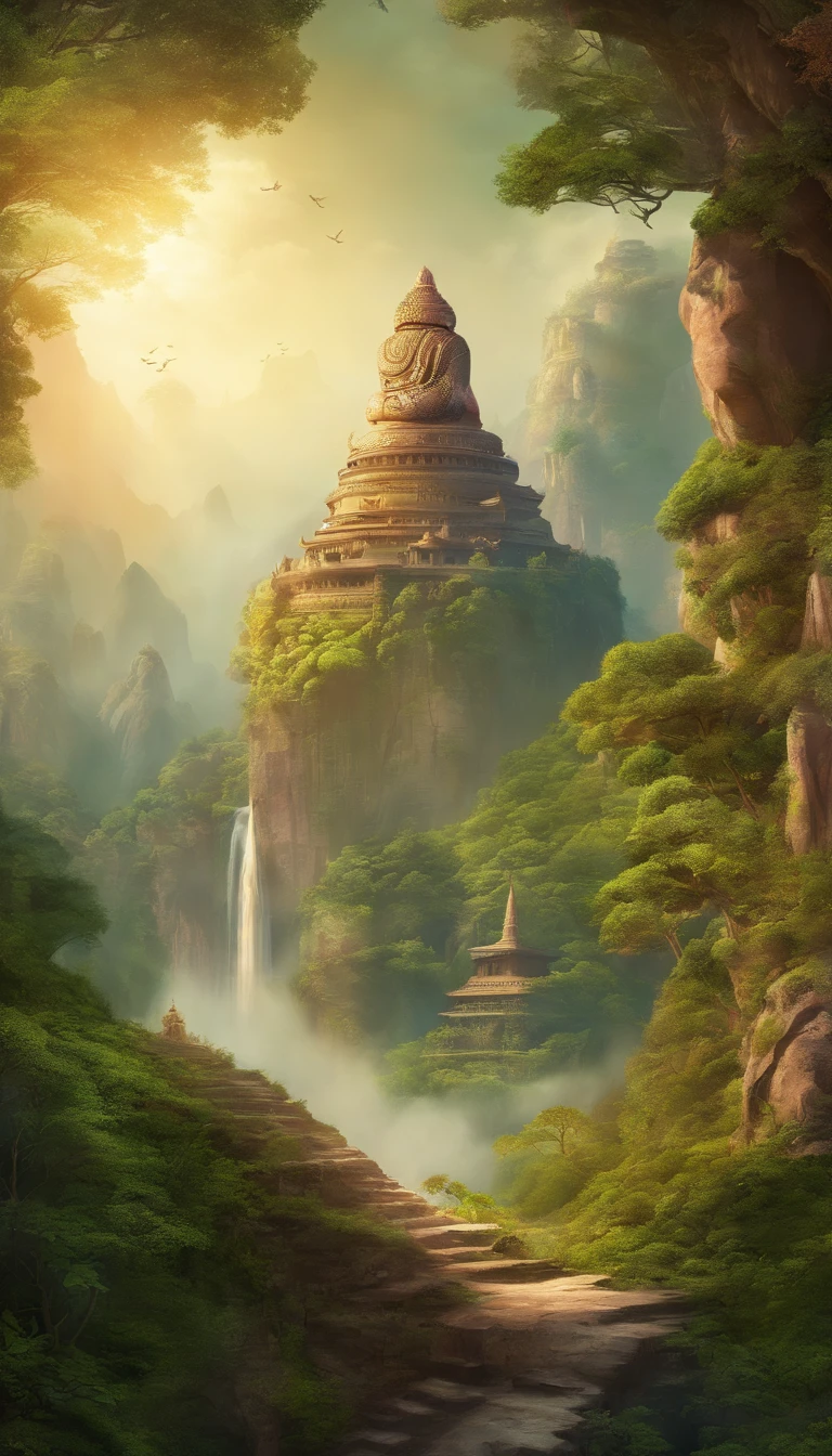 A giant, Realistic depiction of Leshan Buddha, Blend seamlessly with nature, surrealism, Ultra-detailed, Photorealistic:1.37, 3D rendering, Cinematic lighting, Divine light, Ultra-high definition, Masterpiece:1.2, Textured skin, Best quality, high resolution