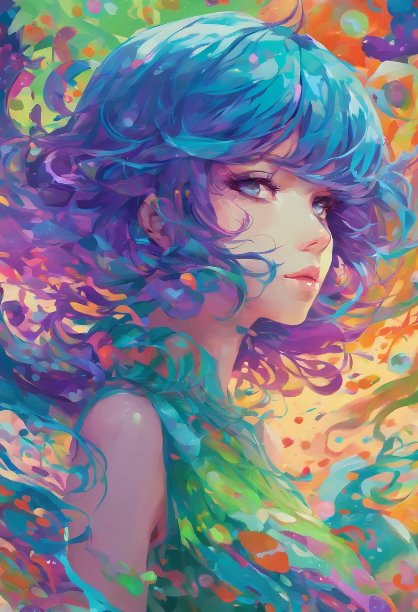 ((top-quality, 8K)), (Realistic), (Face Focus: 1.1), (Blue, Green and purple colors: 1.5), cute Japanese girls, short-hair, Hair fluttering in the wind, femele、Japan idol system、(Sleeveless: 1.1)、Skirt, C cup breasts,