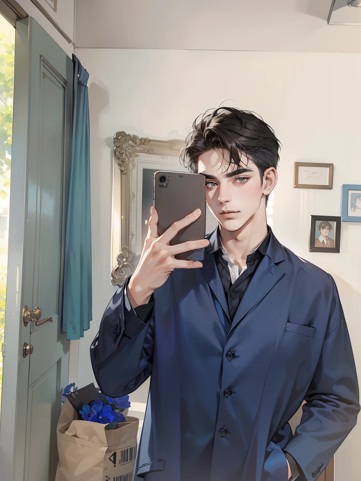 masterpiece, best quality, realistic, 1man, mature male, quiet and charming young man, 18 years old, look serious, closed mouth, portrait, extremely detailed face, soft smile, ((dark grey eyes)), ((short-left-swept dark brunette hair)), [thick eyebrows], dining room ((blue suit))
