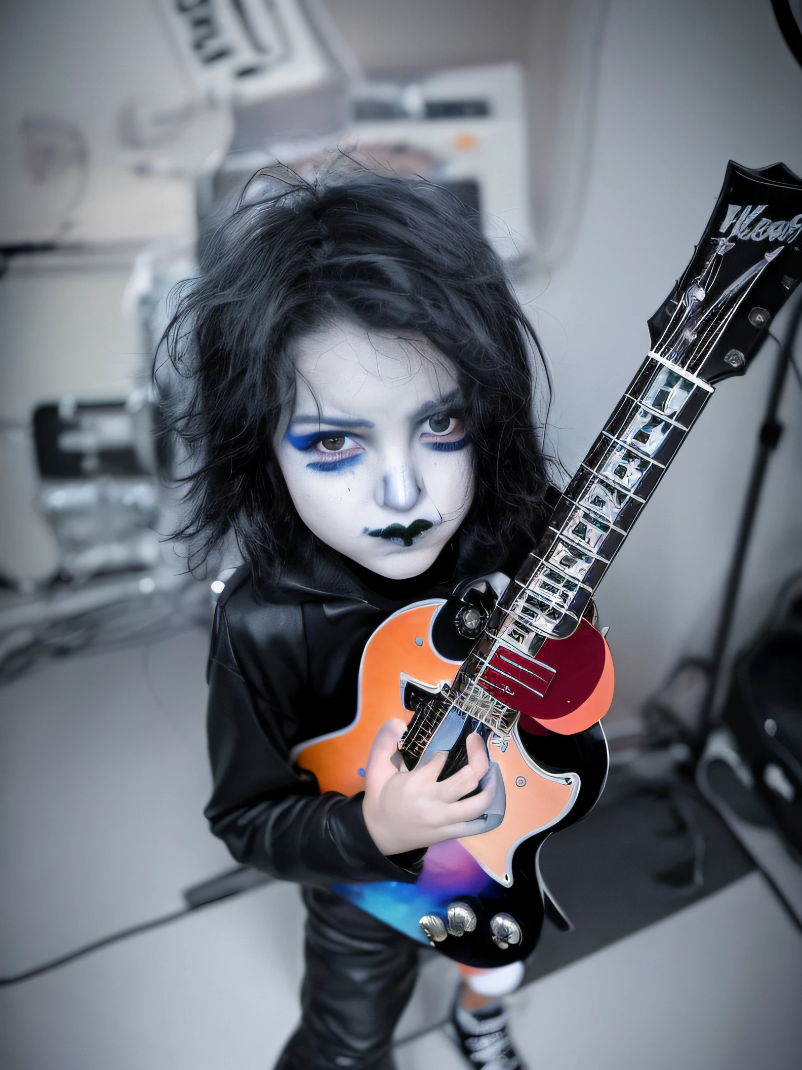 (realista, high - resolution:2.5), A 6-year-old boy holding a blue Gibson guitar in his hands, Al estilo de Halloween, Es una estrella de rock, Chico punk, rockero punk, inspirado por Ren Bonian, Gothic boy, black metal, rocking out, Metalero, con pintura facial en labios y ojos estilo kiss banda de rock, badass composition, punk-rockero, Estilo Black Metal, Como Addams Wednesday