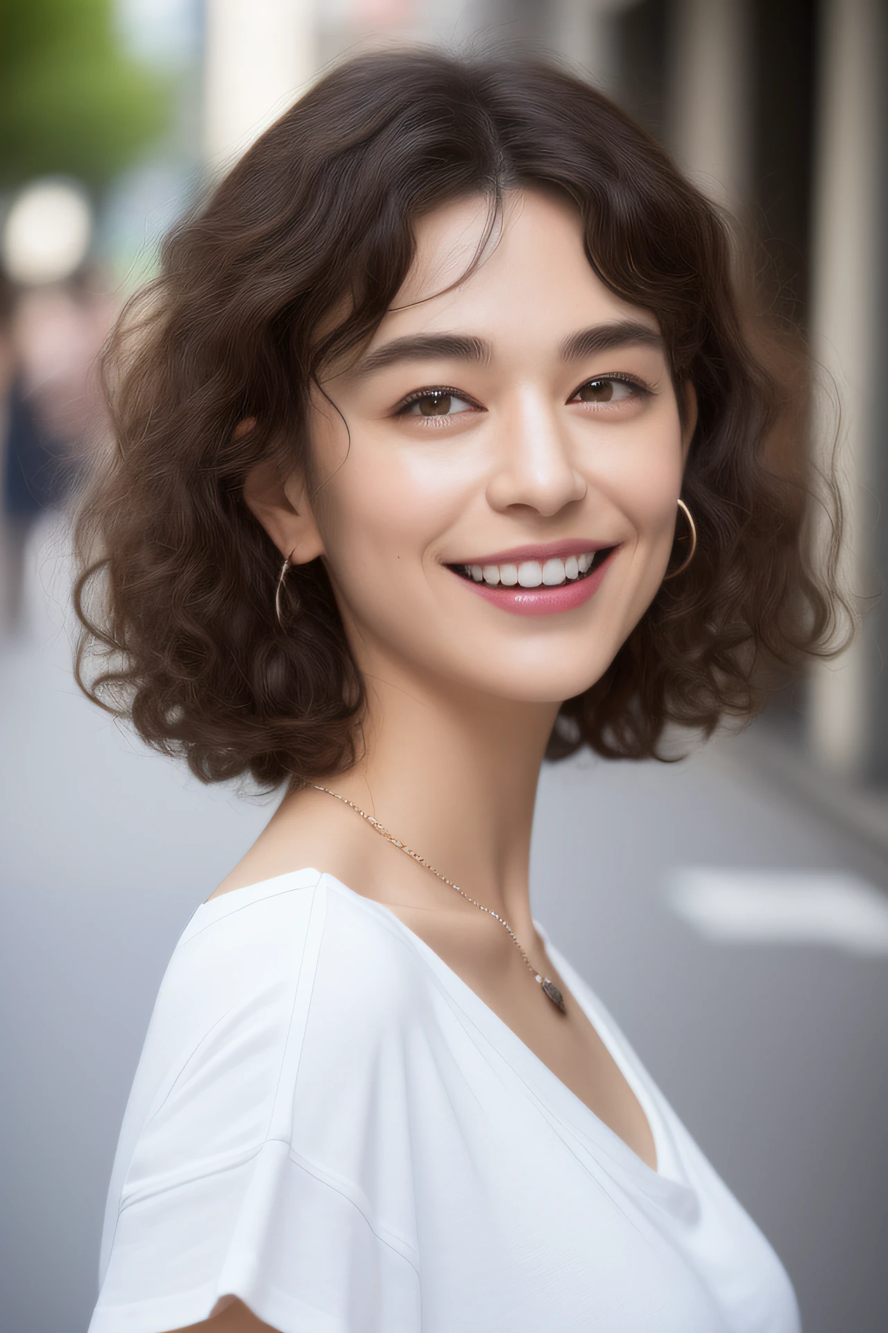 ((top-quality、in 8K、​masterpiece:1.3)), faces, foco nítido:1.2, Beautiful woman with perfect body shape:1.4, A slender, ((dark brown  hair、Curly hair)), piercings, a necklace, Border T-shirt, ((Urban streets:1.3)), Highly detailed facial and skin texture, A detailed eye, 二重まぶた, Gahaha laughter, Highly detailed white tooth texture