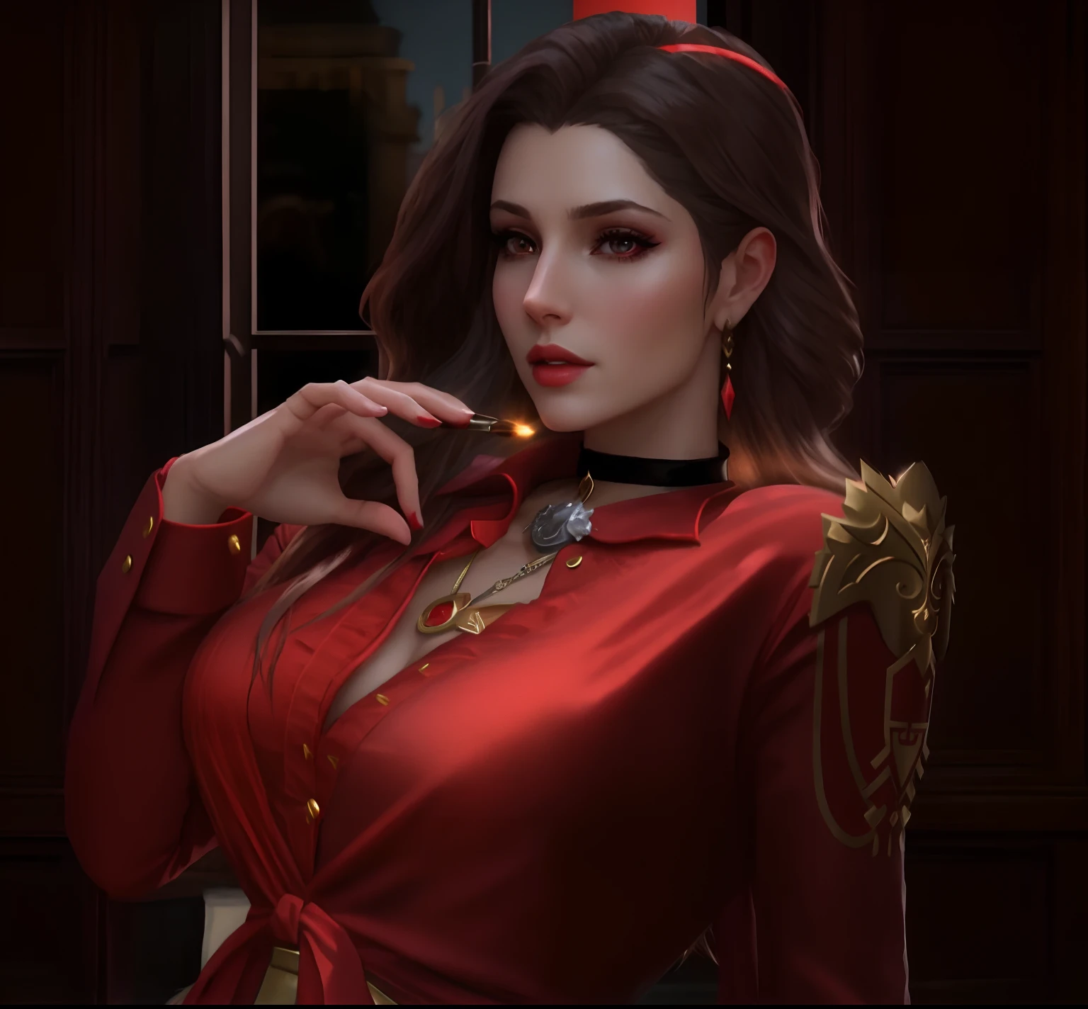 There was a woman in a red dress holding a cigarette, carmilla vampire, elegant cinematic pose, Aerith Gainsborough, androgynous vampire, 2020 video game screenshot, cinematic full character, faye valentine, alluring tipha lockhart portrait, As a character in Tekken, wanda maximoff, crimson attire, style of final + fantasy + 1 x 5 Super Realistic European Face Unreal Engine Realism Documentary Medieval Female Adjutant