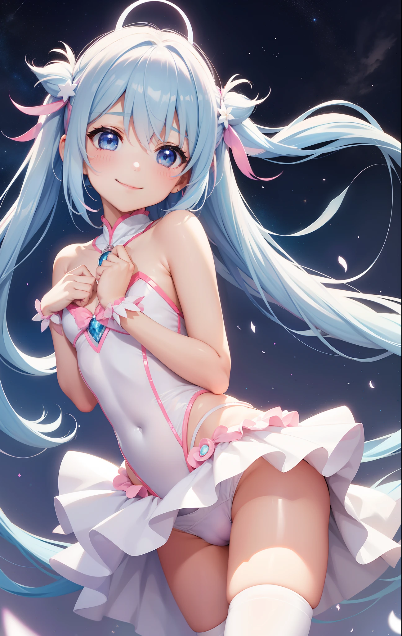 Super Idol Little Beautiful Girl A charming smile sky blue hair length hair Twin-tailed Bright pink and white leotard outfit white panty Mystical Fantasia constellation a moon Crystal Brilliance Aurora Borealis in the Night Sky