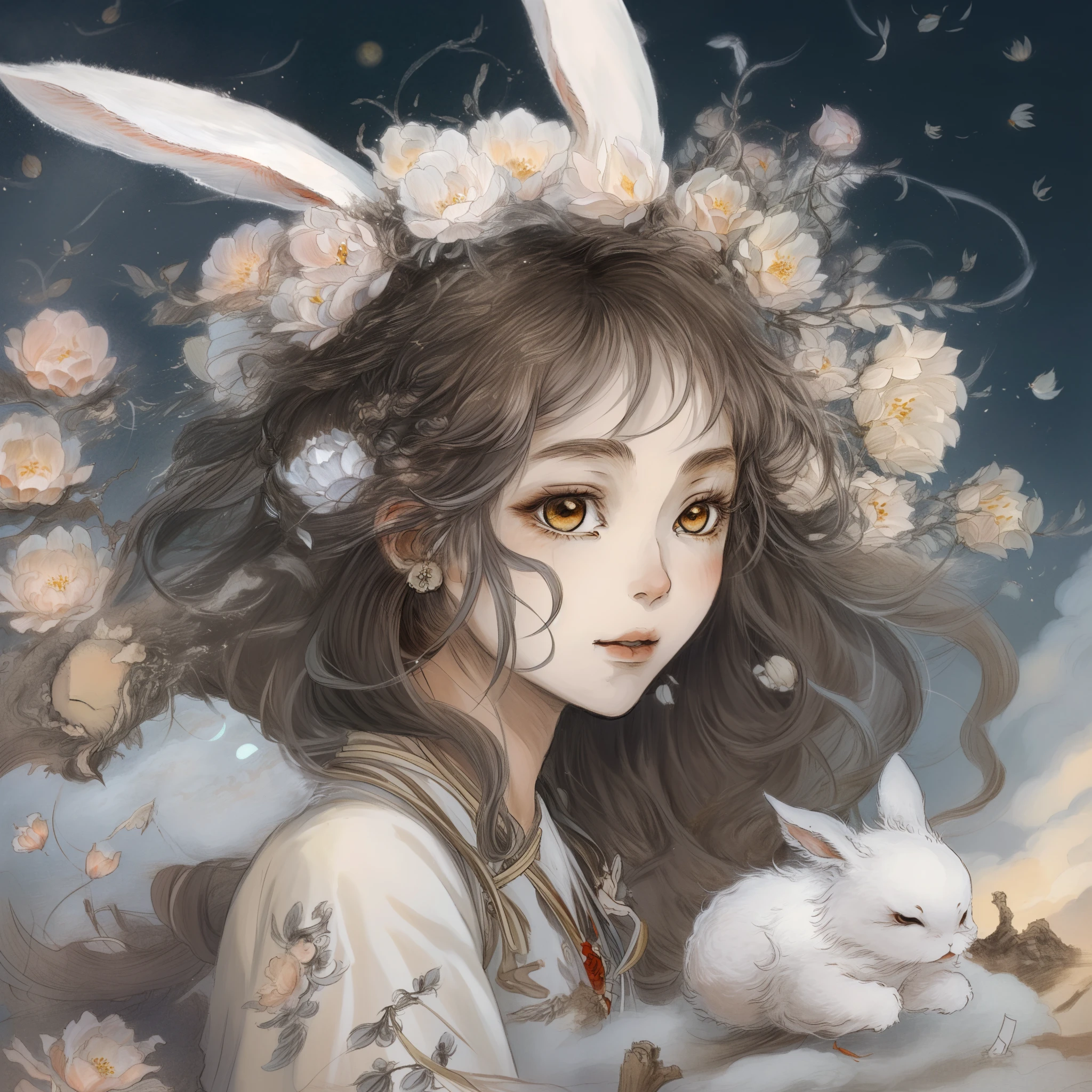 Yamazawa， themoon， Clouds， Skysky， 1girll， long whitr hair， 独奏， brunette color hair， Smart rabbit，painting of a（curly）， natta， jewely， Traditional media，  fresh flowers，
high high quality，