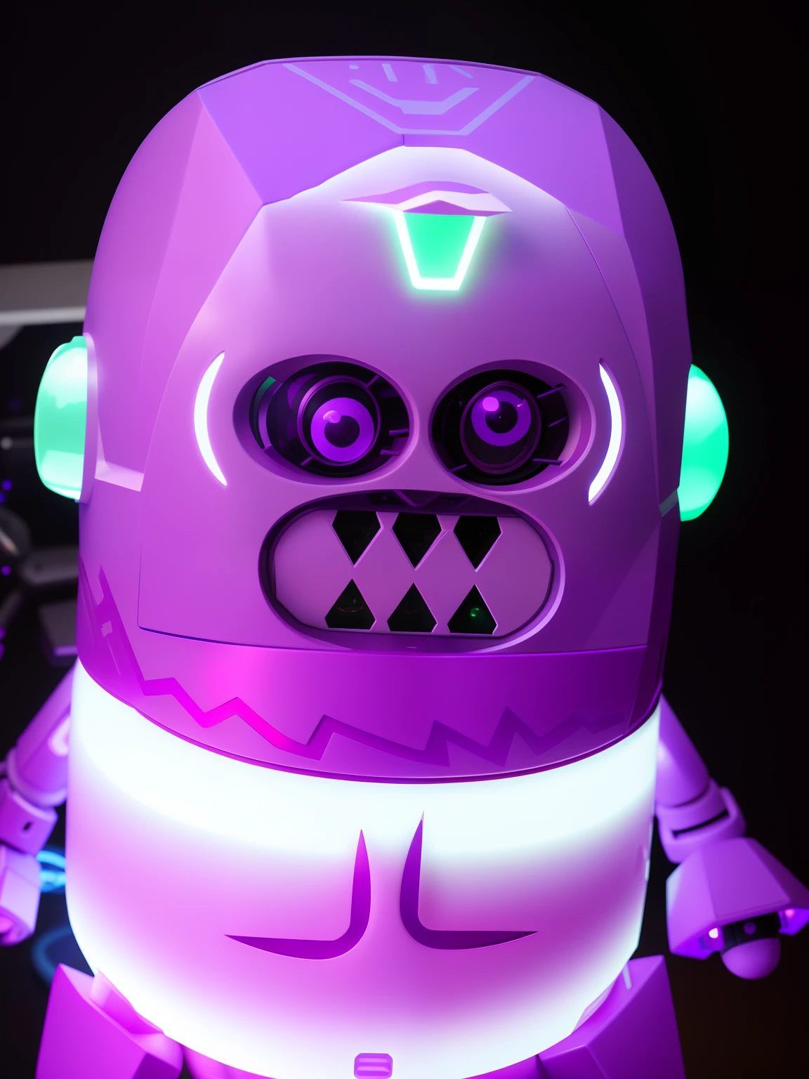 there is a robot with a purple face and a white body, well detailed head with led eyes, face shown, robot monster in background, hy - gogg, evil robot, sherek head design as a bottle, sofubi, scary sharp icy, purple robot, vinyl toy figurine, robot with human face, toonix character, stop motion vinyl figure