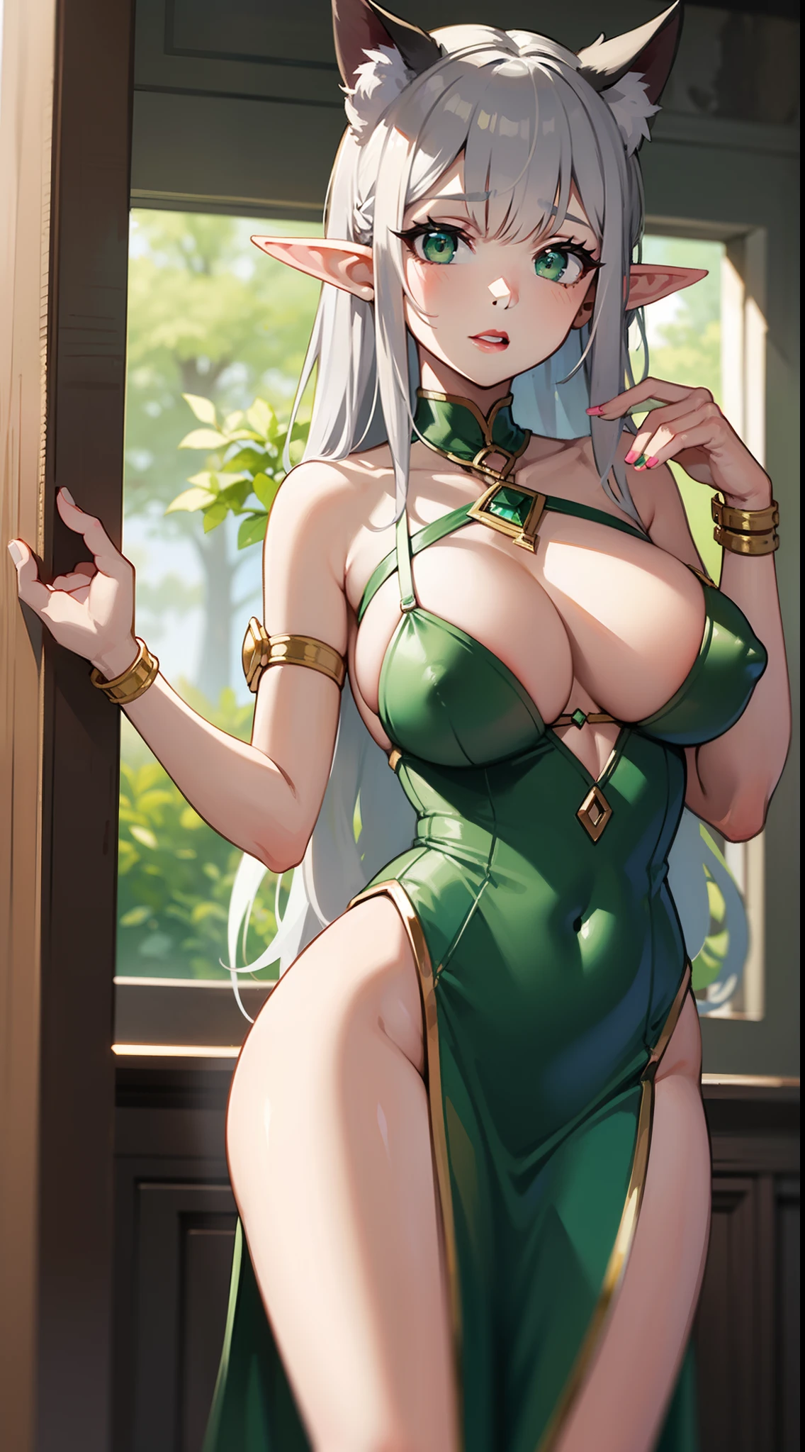 Grown-up girl, Long silver hair, elf ears, Green eyes, large breasts, open breasts, nipples, Green lipstick, green dress, open dress, open breasts, Sleeveless, Sexy, erotic dress, transparent dress, Princess, Gold Elements, Hands up, Masterpiece, hiquality, 4k, HD, Good detail