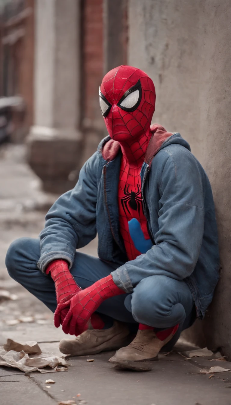 Spiderman as a homeless person, torn used up clothes, shaggy look, begging for money