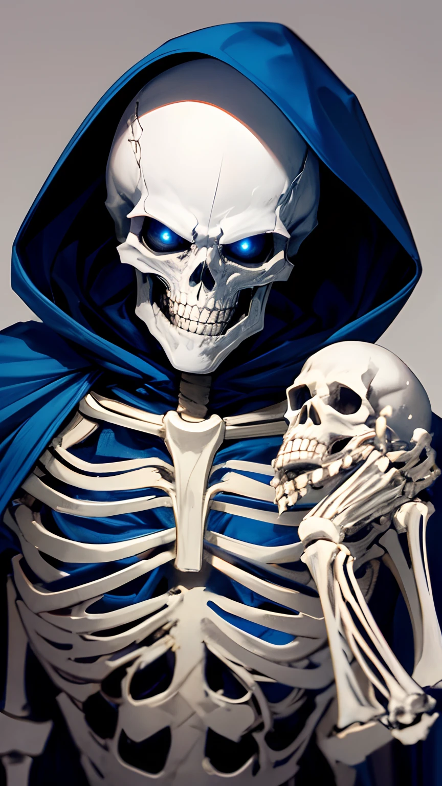 A skeleton with a smile, wearing a blue hood , murderous look and smile, around him and floating magical bones, black magic in they body