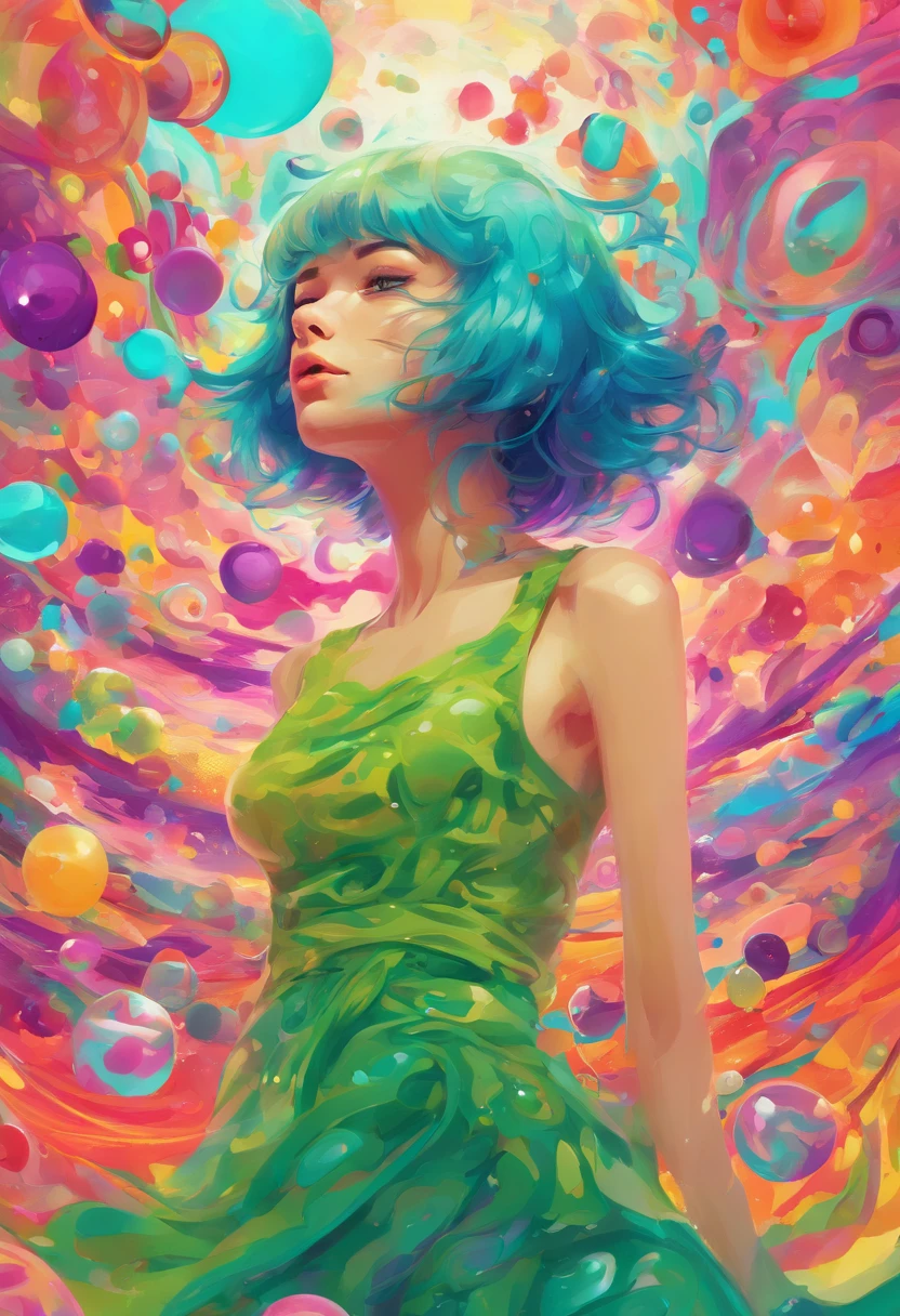 ((top-quality, 8K)), (Realistic), (Face Focus: 1.1), (cyan colors:1.3), (Green and purple colors: 1.2), girl with, short-hair, Hair fluttering in the wind, (Sleeveless: 1.1)、Skirt, C cup breasts, Countless soap bubbles,