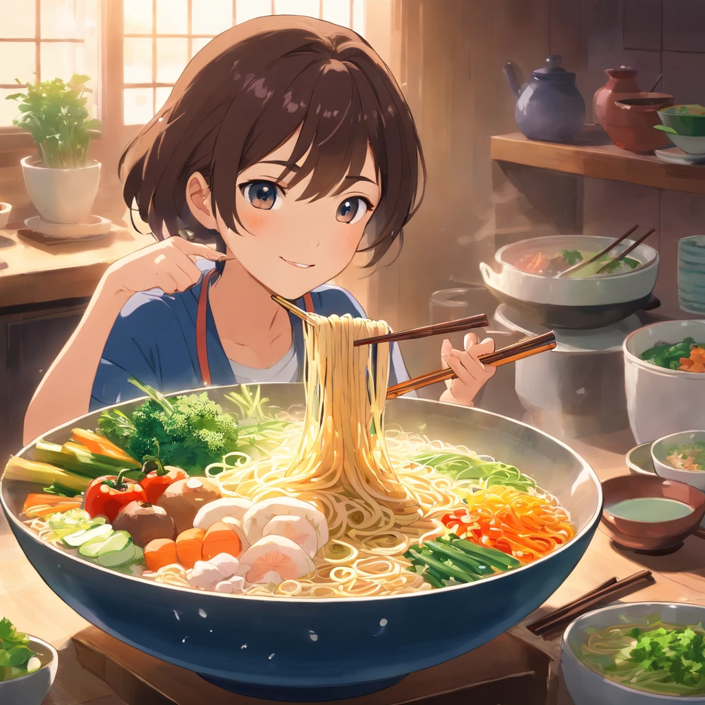 A steaming bowl of Asian noodles, Garnish with colorful vegetables and herbs.
