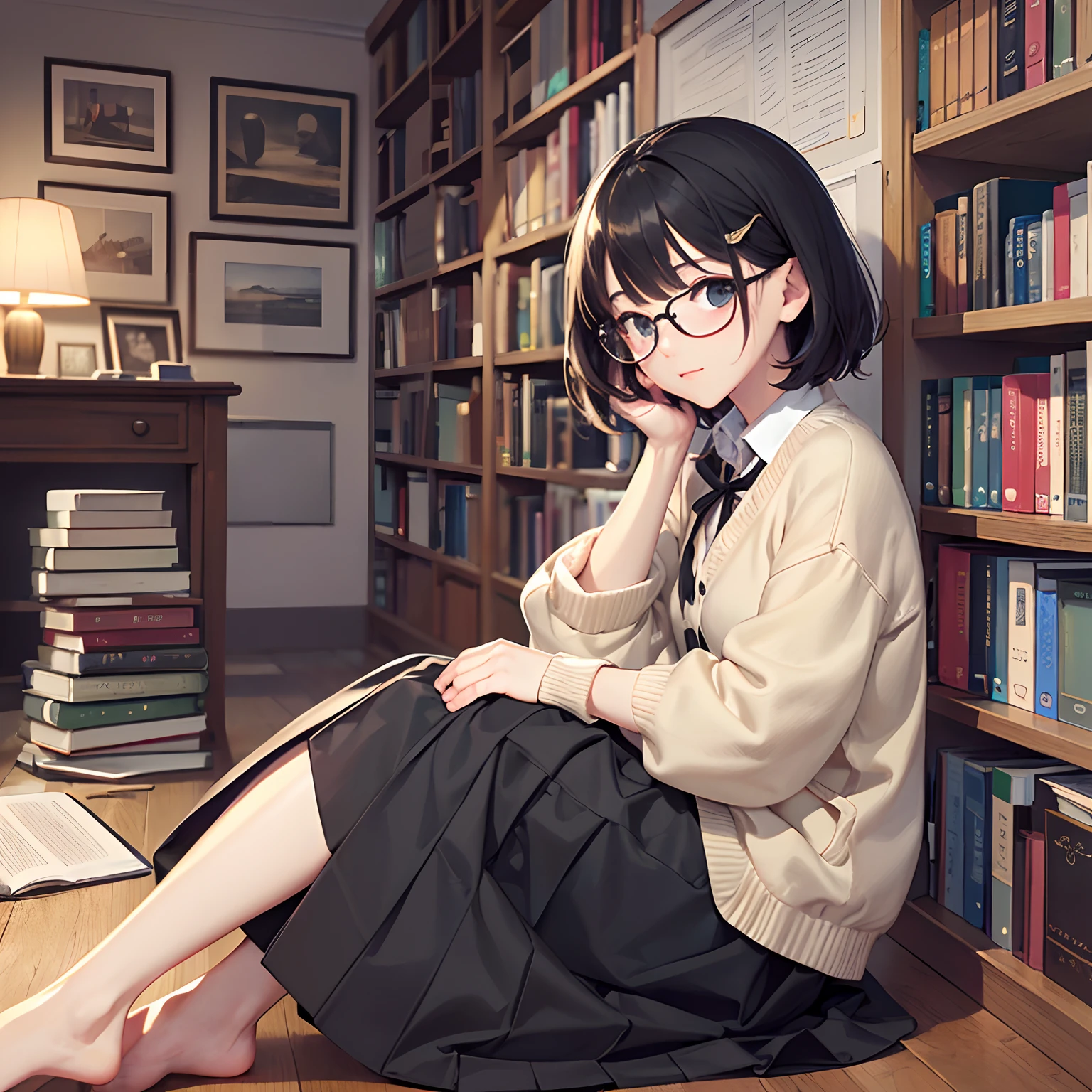 masterpiece、Top quality、High-quality images、high resolution、8K、1. Ms.、detailed、Meticulous eye depiction、Skin radiance、Shiny hair、Black short hair、sleeping habit、Messy hair、Round glasses、Narrow old room、many book shelf、The floor is full of books、A pile of old books、Sitting on the floor、A book in each hand、Black socks、Check mini skirt、White cardigan