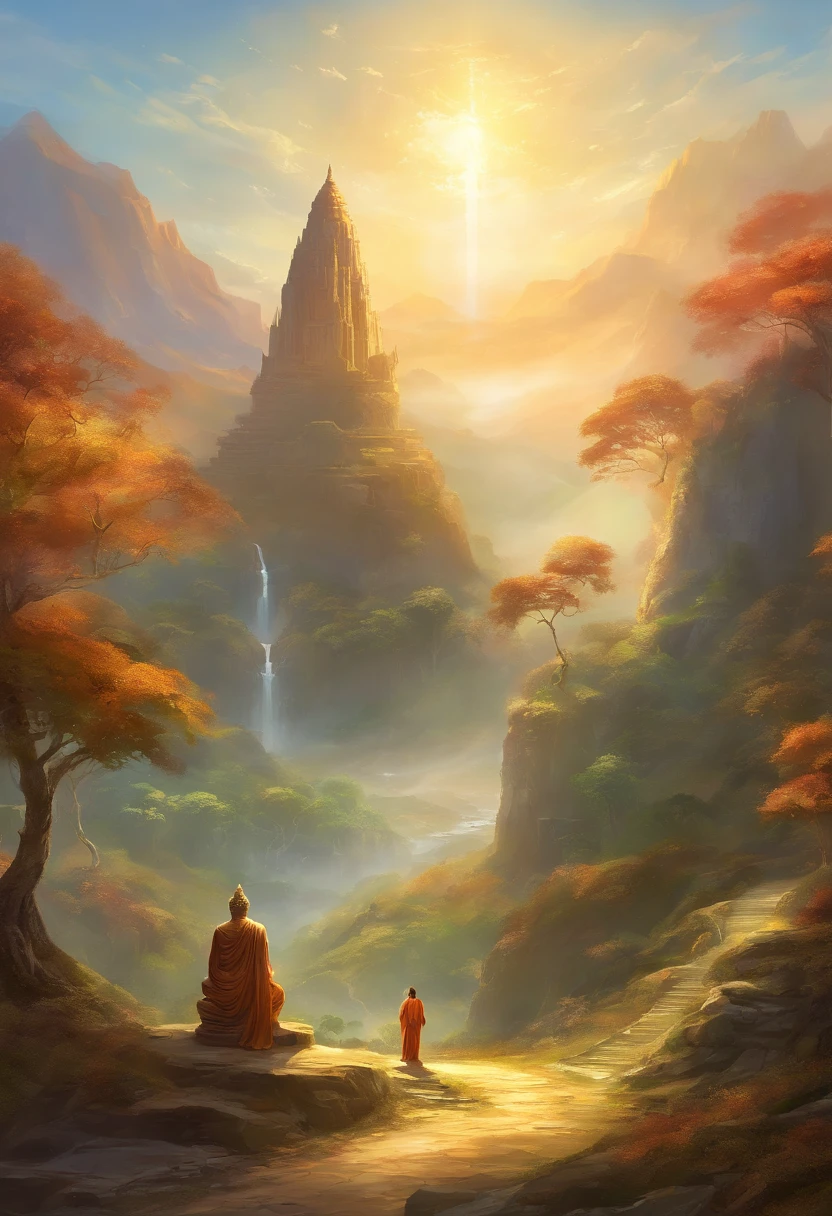 Tall seated Buddha statue in the distance, The sun shines on the mountains, Towering trees, Pilgrims walk the road. The composition is beautiful, With masterpieces, Details, and high definition