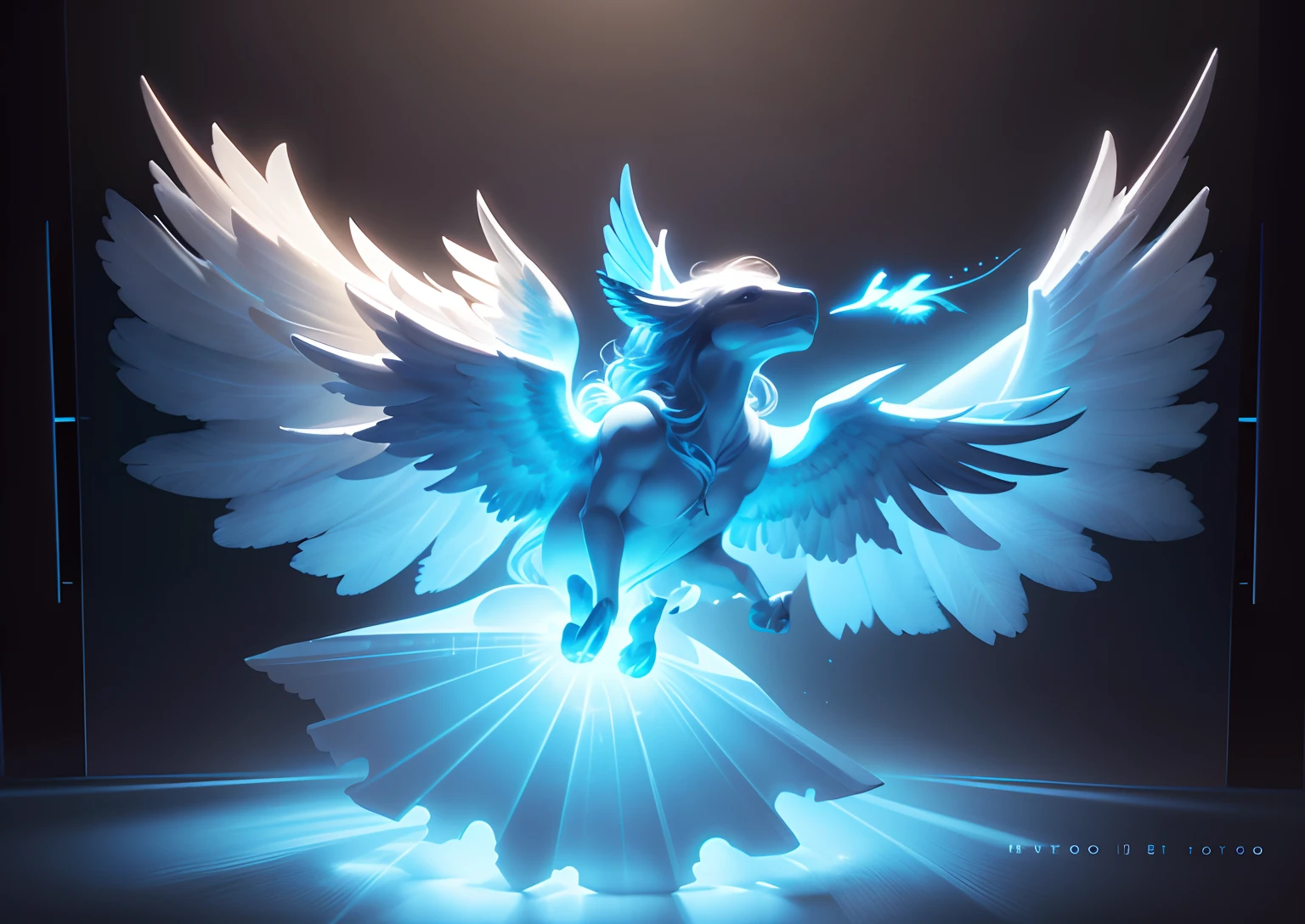 front view, modern blue smoked glass 3 inches small hood ornament, on the hood of a car Icarus in beautiful female form taking flight, a great white Pegasus, ornament representing spirit of new flight, bar lighting, backlighting, black background, 8k resolution, photorealism, professional automobile photography, closeup shot front view.
