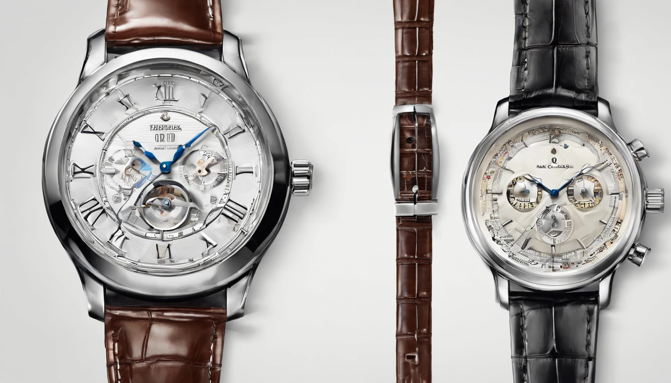 Promotional poster of wristwatches, Classic style, costume style, Classic white dial, Leather strap, on a glass stand, Realistic professional photography, 8k --ar 16:9