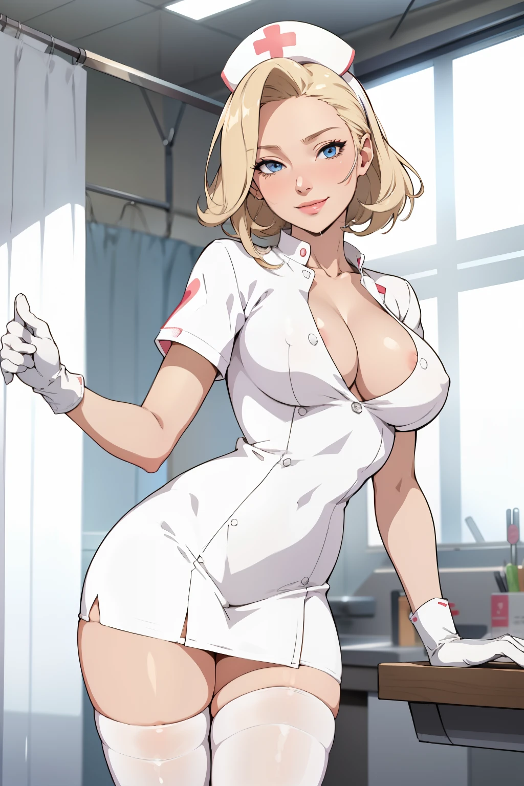 1woman, Nurse, nurse uniform, Nurse Cap, Whiteware, ((White legwear, zettai ryouiki)), White Gloves, Blonde hair, Blue eyes, pink lipsticks, Smile, Standing, sharp outline, Short sleeves, a mature female, 35 year old, Best Quality, masterpiece, infirmary, As chest shows, chest escaping, rain on face, sensuous pose, tit visible