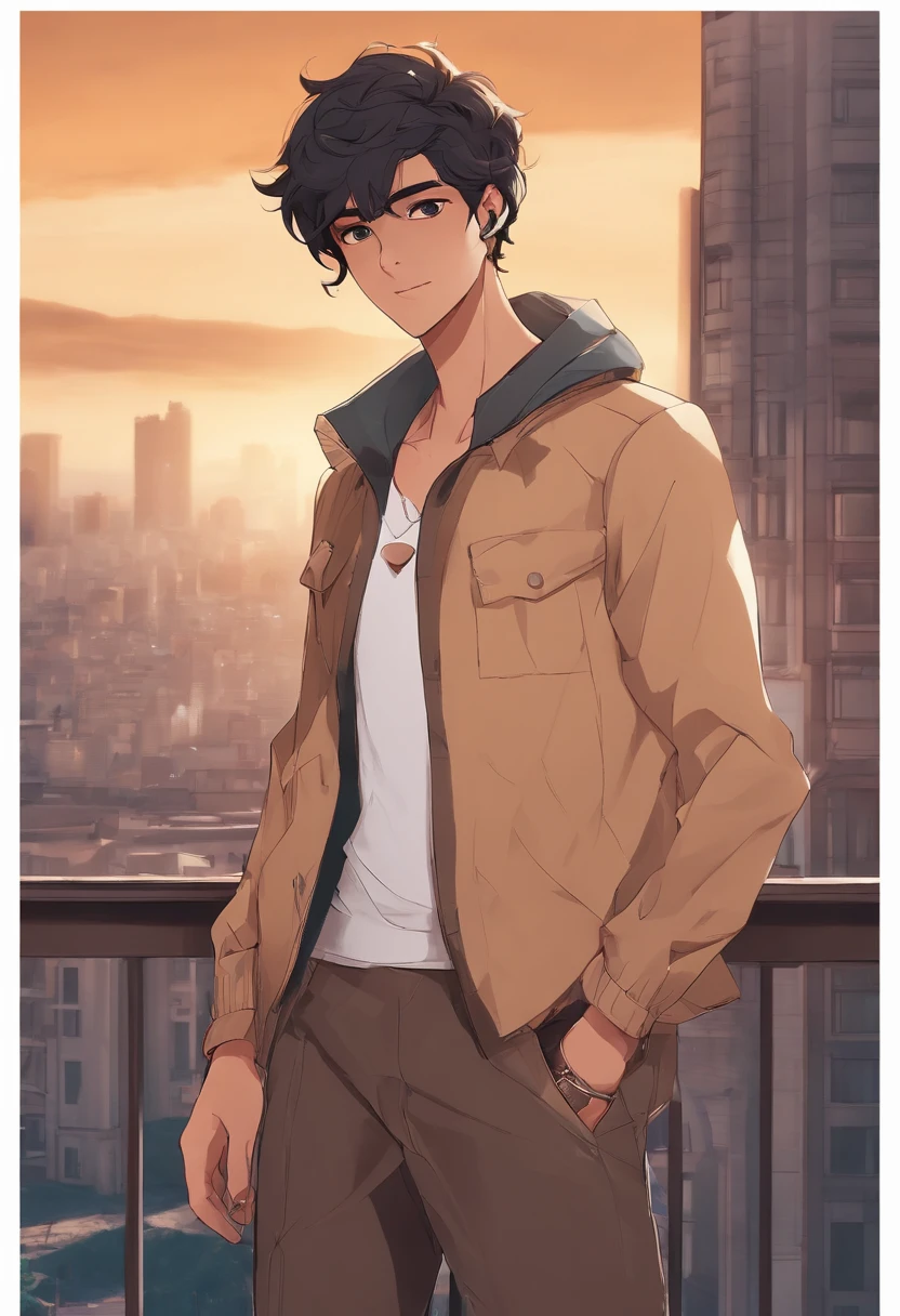 A boy, transformed into an anime style, with exaggerated unique facial features and clothing, standing on a bustling city street, backlit background highlighting the subject, high-contrast colors, 4K high-definition quality,young, smiling, handsome arafed man standing on a balcony with a city in the background, jayison devadas, with mountains in the background, jayison devadas style, hills in the background, in front of a forest background, with mountains in background, standing in front of a mountain, shot on nikon z9, by Max Dauthendey, shot with sony alpha 1 camera