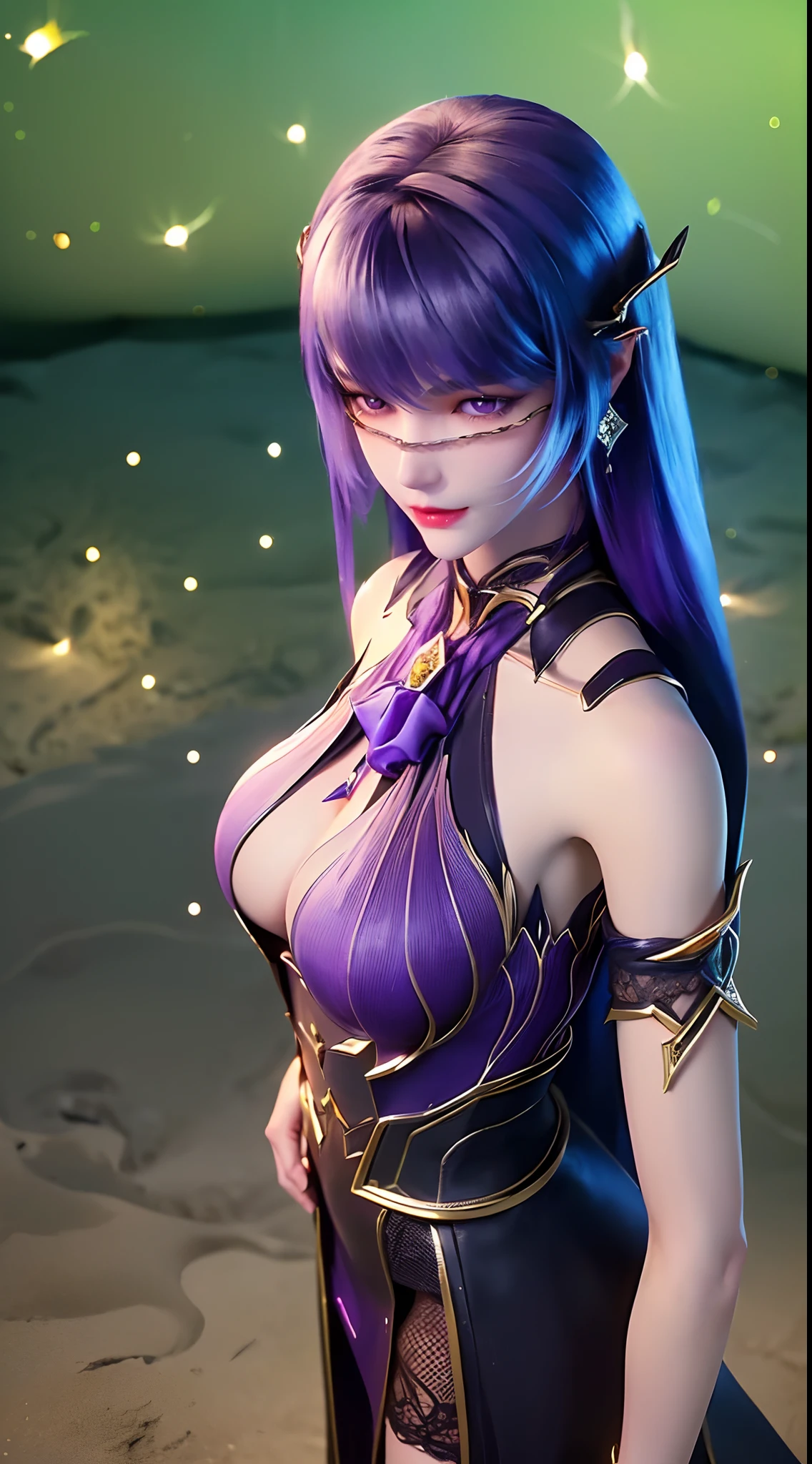 1 beautiful and sexy 20 year old girl, ((wearing a super purlpe dress:1.6)), ((a dress with diamonds:1.7)), ((long purple hair:1.6)), jewelry elaborately made from precious stones and beautiful hair, ((A thin red silk scarf covers half of the face:1.5)), the noble, noble style of an extremely beautiful girl, her small face is super cute, her face is very pretty, thin eyebrows, flawless beautiful face, ((black eye pupils: 0.8)), very beautiful eyes, ((purple eyes: 1.6)), (((big round eyes:1.6))), nice makeup and hair detailed eyelashes, steamy eye makeup, high nose, earrings, red lips, ((closed mouth: 1.5)) beautiful lips, slim hands, most beautiful thighs, ((arms spread out to the sides: 1.5)), rosy face, clean face, flawless beautiful face, smooth white skin, (big breasts: 1.5)), ((high breasts: 1.6)), tight breasts, beautiful cleavage, (((big breasts and super round: 1.8))), ((super tight breasts: 1.7)) , beautiful breasts, perfect body, back arms, chest out, ((thin black mesh stockings with black lace trim:1.5)), 8k photo, super high quality, super realistic, super 10x pixels, optical, bright studio, bright edges, dual-tone lighting, (high-detail skin:1.2), super 8k, soft lighting, high quality, volumetric lighting, photorealistic, photorealistic high resolution, lighting, best photo, 4k, 8k quality, blur effect, smooth sharp, 10 x pixel, ((Beach at night and fireflies background:1.5)), aurora, lightning, super graphics realistic, most realistic graphics, 1 girl, alone, solo, Extremely sharp image, surreal, (((frontal portrait: 1.5)))."