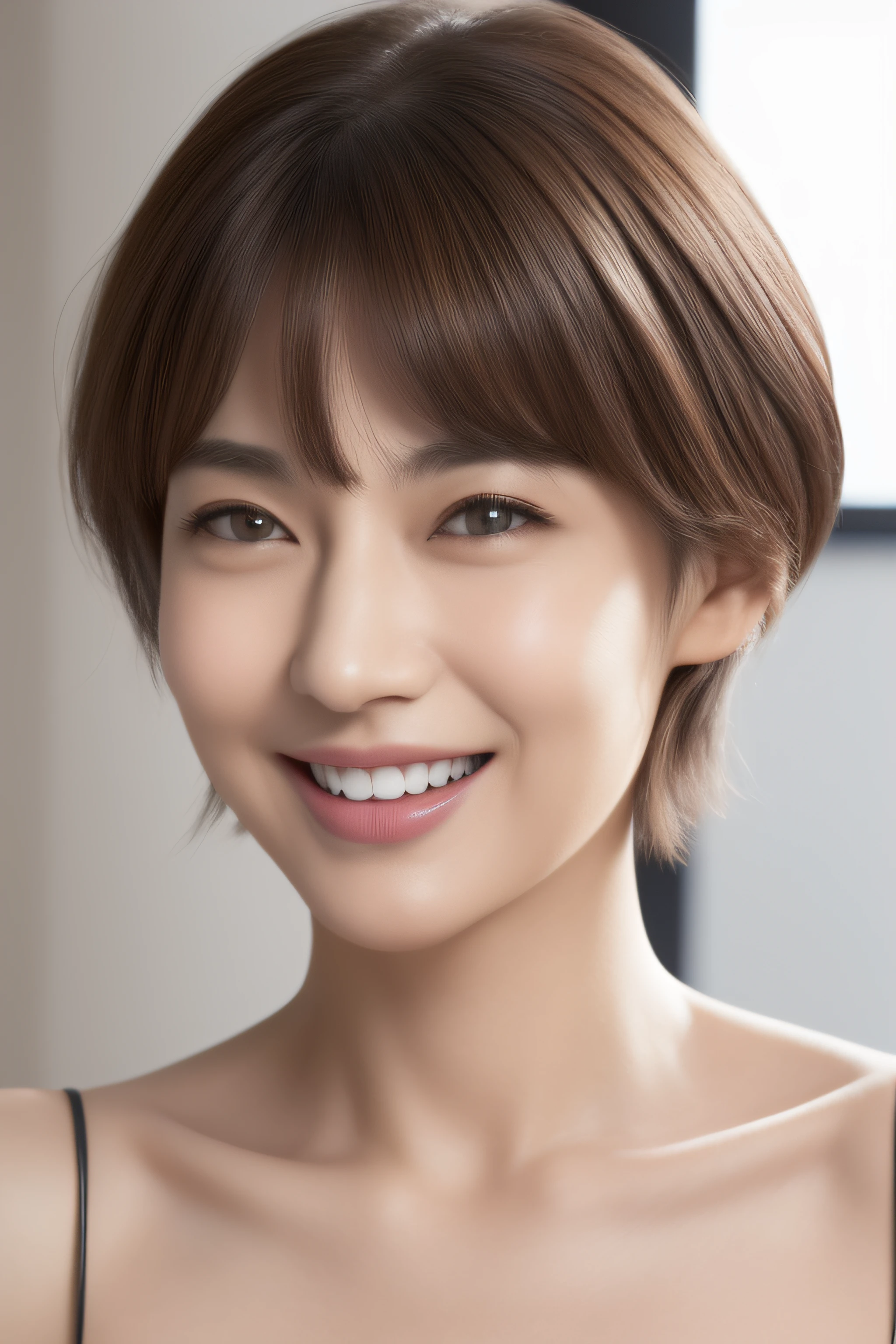 ((top-quality、in 8K、masterpiece:1.3)), faces, foco nítido:1.2, Beautiful woman with perfect body shape:1.4, Slender Abs:1.1, ((Brown hair、short-hair)), piercings, Black pajamas, ((livingroom:1.3)), Highly detailed facial and skin texture, A detailed eye, 二重まぶた, Gahaha laughter, Highly detailed white tooth texture