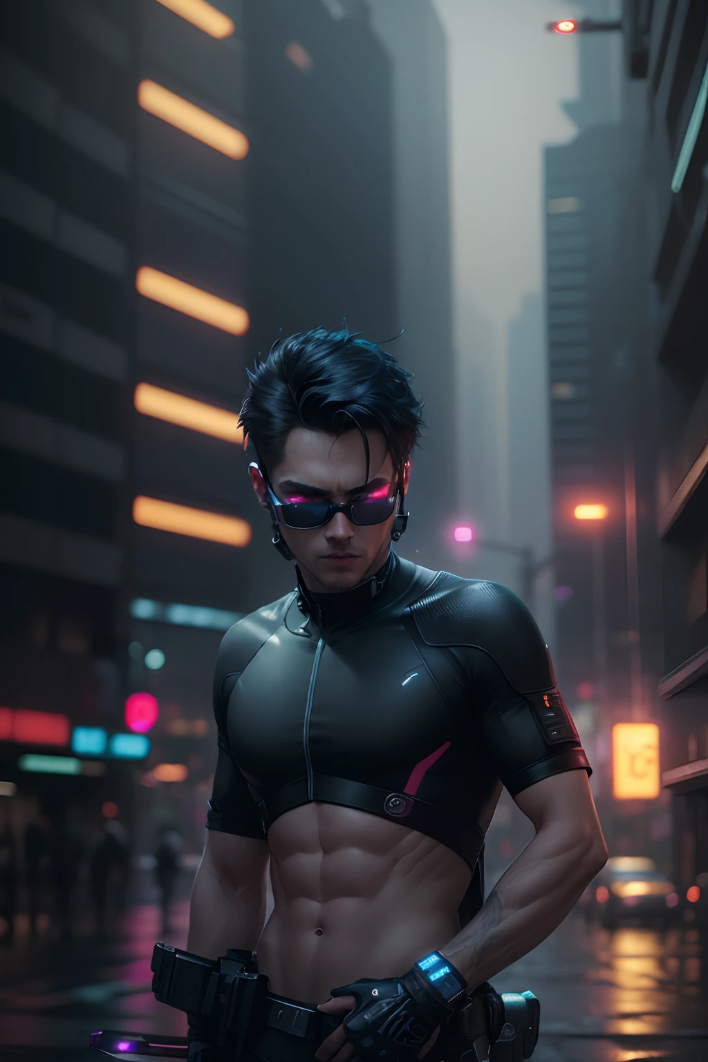 (best quality,8k,realistic:1.37),cyberpunk,handsome boy with realistic face,change background,ultra-detailed, HDR, UHD, studio lighting, physically-based rendering, extreme detail description, professional, dark and vibrant colors, futuristic cityscape, neon lights, rainy atmosphere, reflections, sharp focus
