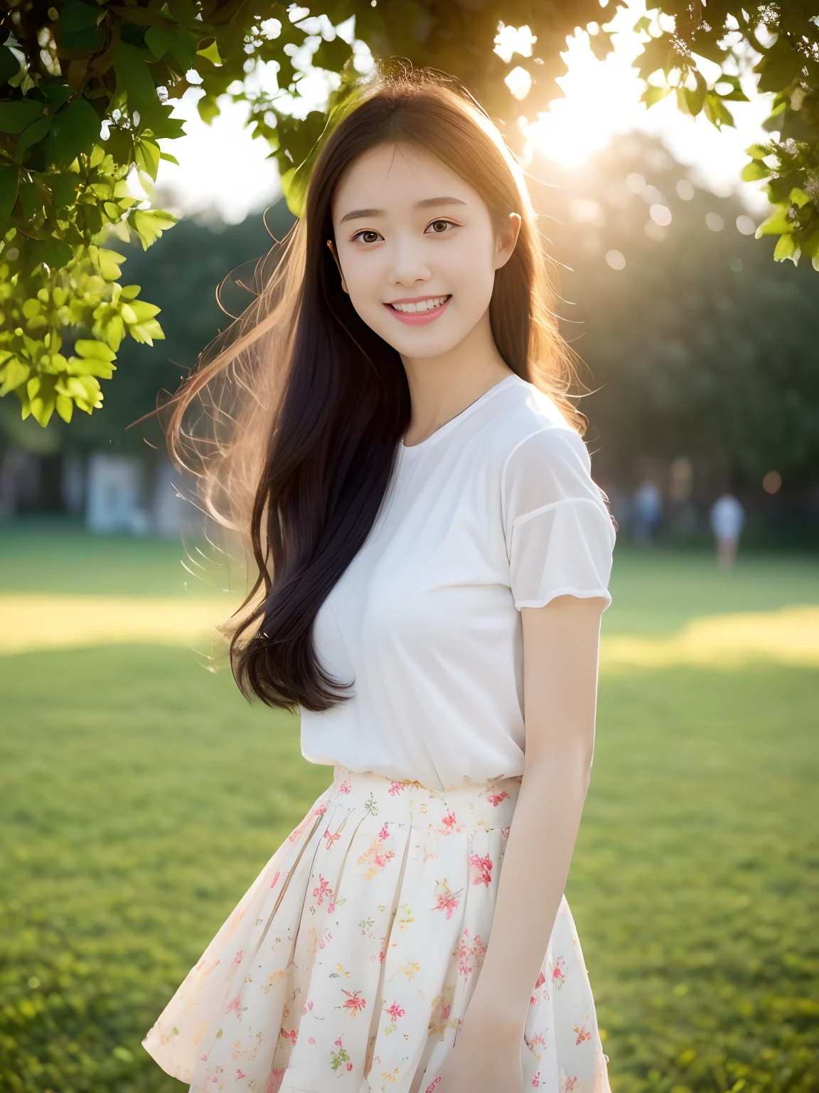 best qualtiy，tmasterpiece，超高分辨率，（真实感：1.4），RAW photogr，1girll，long whitr hair，Face Highlighting，Pure，Girly，Flushing，18yr old，18-year-old smiling female classmate，Pure，Innocent，（best qualtiy，8K，tmasterpiece:1.3），Goose egg face，being thin，largeeyes，long eyelasher，Exquisite（live-action realistic style），Star-like eyes，Ultimate face，Photorealistic light and shadow，Clear facial features，Milky white skin，Fair skin， highdetailskin， Realistic skin details， Visible Pore，（Super detail），（perfect bodies：1.1），long whitr hair，（dynamicposes），((Dynamic background((volumettic light：1.3))，huge tit(1:1.3)，standing in grassy field，Short white floral skirt，school ground，Old building，Tall plane tree，Free，Dashing
