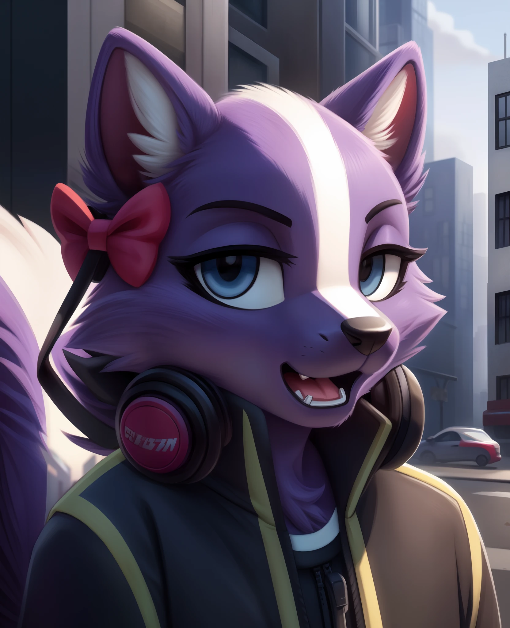 shikabane, furry female anthro, skunk girl, purple fur, portrait, close-up,  track jacket, headphones, solo, (body fur:1.2), (best quality), (detailed urban background:1.2), dramatic lighting, (detailed fluffy fur:1.1), looking at viewer,  closed mouth, toony, flat color, ear bow ribbon,