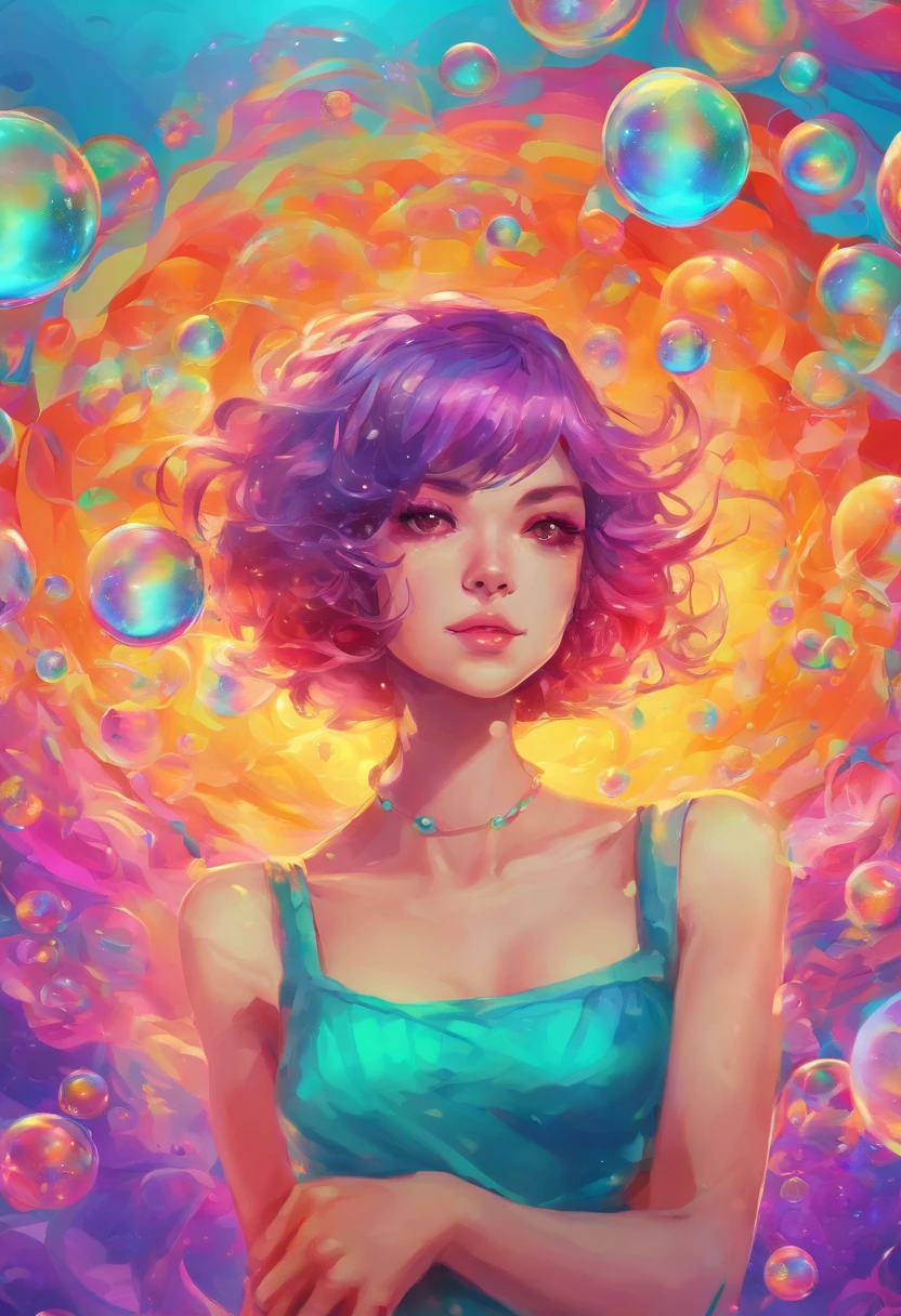 ((top-quality, 8K)), (Realistic), (Face Focus: 1.1), (cyan colors:1.3), (Green and purple colors: 1.2), girl with, short-hair, Hair fluttering in the wind, kindly smile, (Sleeveless: 1.1)、Skirt, C cup breasts, Countless soap bubbles, (Soap bubbles are red, yellow and orange:1.2)