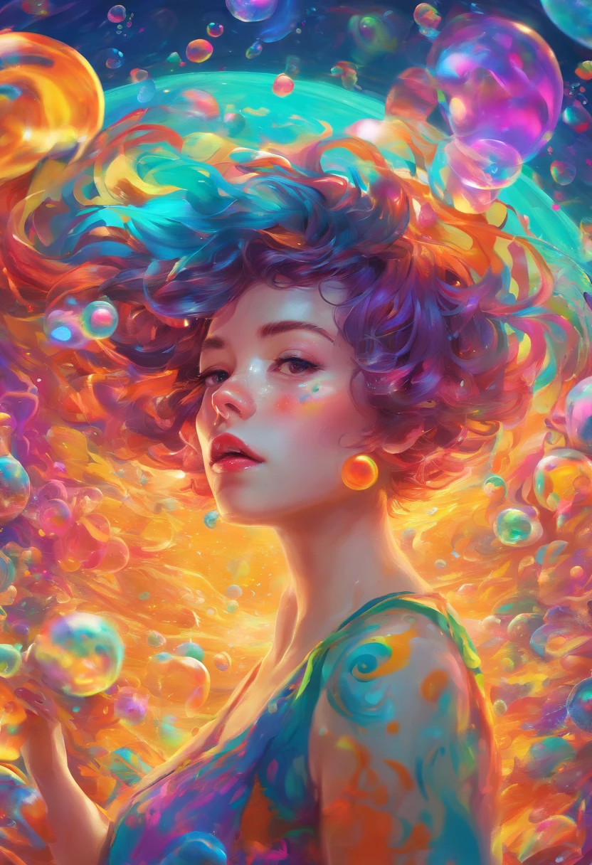 ((top-quality, 8K)), (Realistic), (Face Focus: 1.1), (cyan colors:1.3), (Green and purple colors: 1.2), girl with, short-hair, Hair fluttering in the wind, kindly smile, (Sleeveless: 1.1)、Skirt, C cup breasts, Countless soap bubbles, (Soap bubbles are red, yellow and orange:1.2)