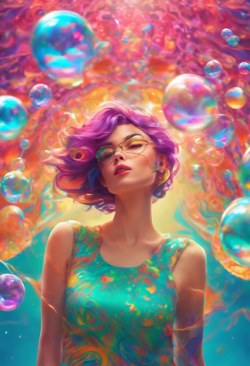 ((top-quality, 8K)), (Realistic), (Face Focus: 1.1), (cyan colors:1.3), (Green and purple colors: 1.2), girl with, short-hair, Hair fluttering in the wind, kindly smile, (Sleeveless: 1.1)、Skirt, C cup breasts, Countless soap bubbles, (Soap bubbles are red, yellow and orange:1.2)