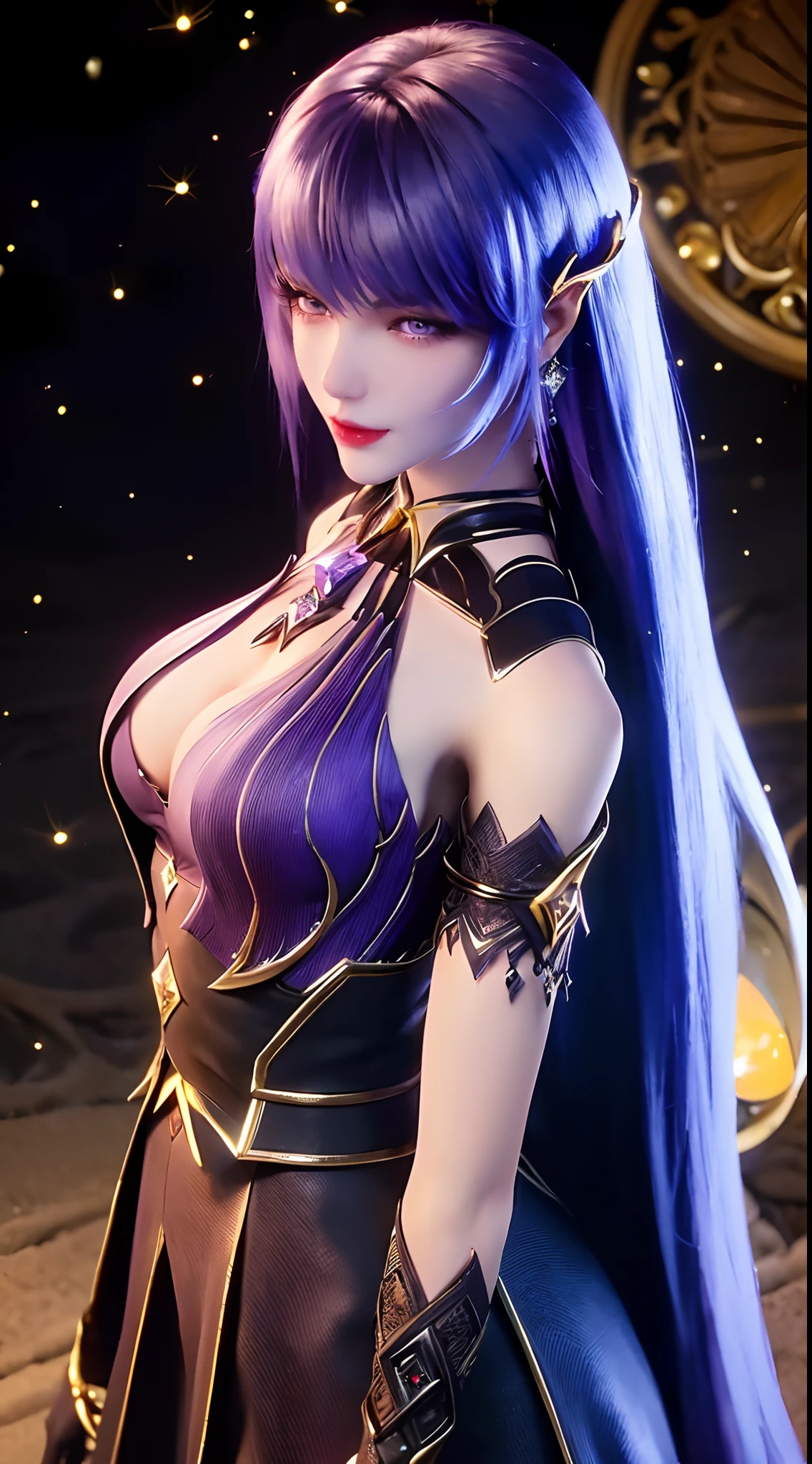 1 beautiful and sexy 20 year old girl, ((wearing a super purlpe dress:1.6)), ((a dress with diamonds:1.7)), ((long purple hair:1.6)), jewelry elaborately made from precious stones and beautiful hair, ((A thin red silk scarf covers half of the face:1.5)), the noble, noble style of an extremely beautiful girl, her small face is super cute, her face is very pretty, thin eyebrows, flawless beautiful face, ((black eye pupils: 0.8)), very beautiful eyes, ((purple eyes: 1.6)), (((big round eyes:1.6))), nice makeup and hair detailed eyelashes, steamy eye makeup, high nose, earrings, red lips, ((closed mouth: 1.5)) beautiful lips, slim hands, most beautiful thighs, ((arms spread out to the sides: 1.5)), rosy face, clean face, flawless beautiful face, smooth white skin, (big breasts: 1.5)), ((high breasts: 1.6)), tight breasts, beautiful cleavage, (((big breasts and super round: 1.8))), ((super tight breasts: 1.7)) , beautiful breasts, perfect body, back arms, chest out, ((thin black mesh stockings with black lace trim:1.5)), 8k photo, super high quality, super realistic, super 10x pixels, optical, bright studio, bright edges, dual-tone lighting, (high-detail skin:1.2), super 8k, soft lighting, high quality, volumetric lighting, photorealistic, photorealistic high resolution, lighting, best photo, 4k, 8k quality, blur effect, smooth sharp, 10 x pixel, ((Beach at night and fireflies background:1.5)), aurora, lightning, super graphics realistic, most realistic graphics, 1 girl, alone, solo, Extremely sharp image, surreal, (((frontal portrait: 1.5)))."