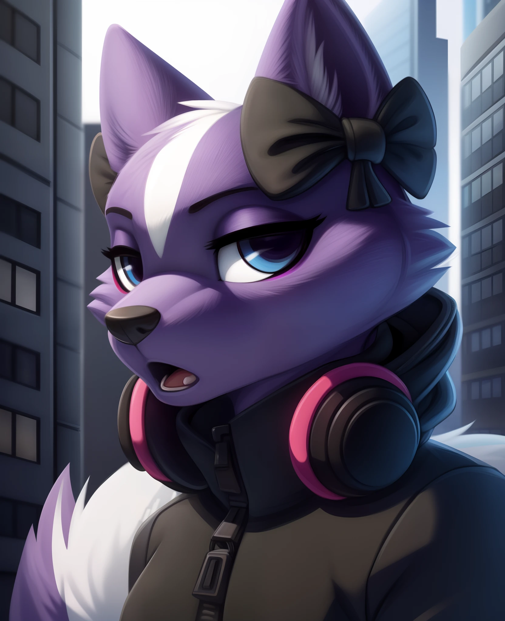 shikabane, furry female anthro, skunk girl, purple fur, portrait, close-up,  track jacket, headphones, solo, (body fur:1.2), (best quality), (detailed urban background:1.2), dramatic lighting, (detailed fluffy fur:1.1), looking at viewer,  closed mouth, toony, flat color, ear bow ribbon,