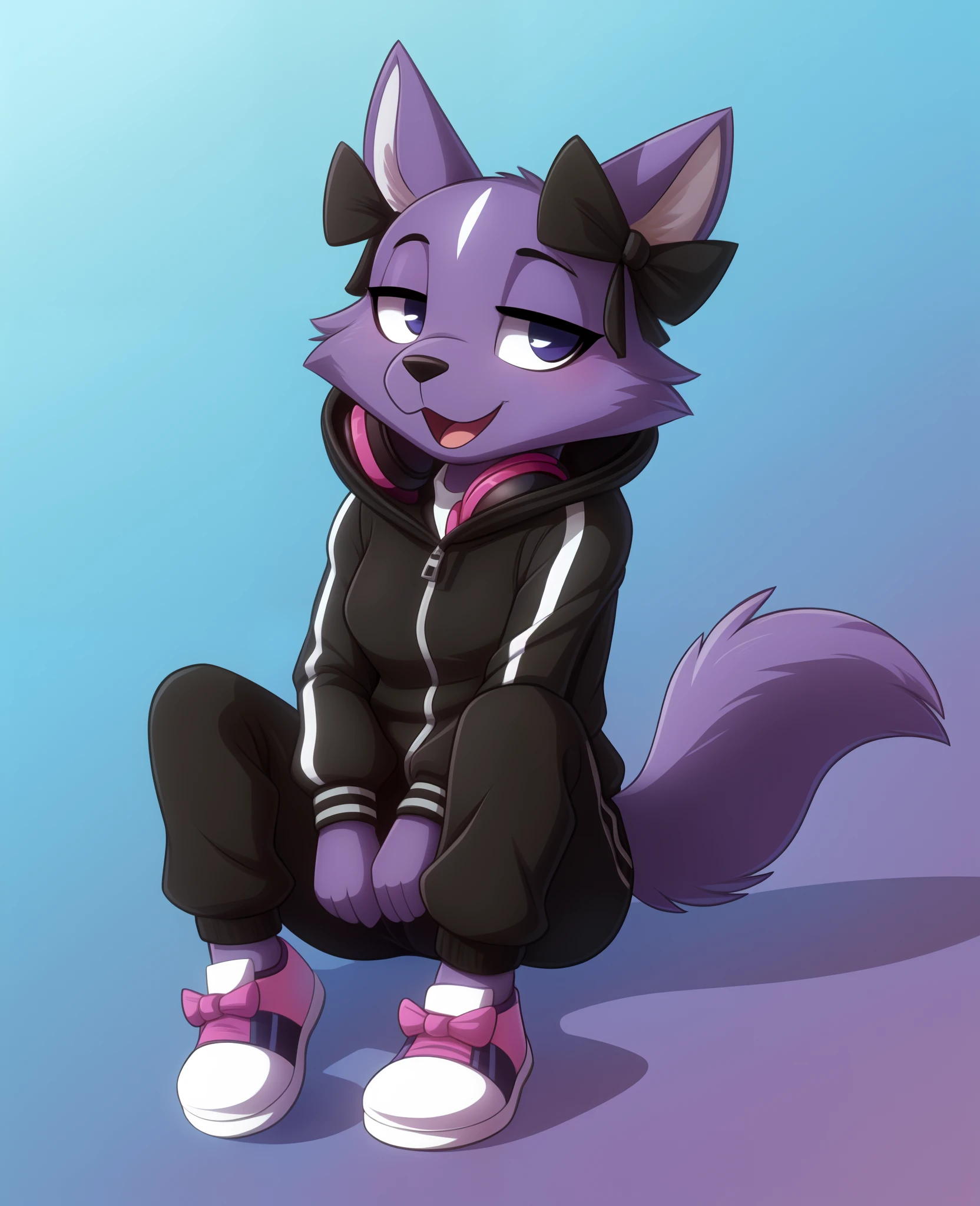 shikabane, furry female anthro, 1girl, purple fur, portrait, sitting, shoes, track jacket, headphones, solo, (body fur:1.2), (best quality), black shorts, gradient background, (detailed fluffy fur:1.1), looking at viewer,  closed mouth, cartoon, thick outline, toony, flat color, ear bow ribbon, tail, bored, (half-closed eyes:1.2),