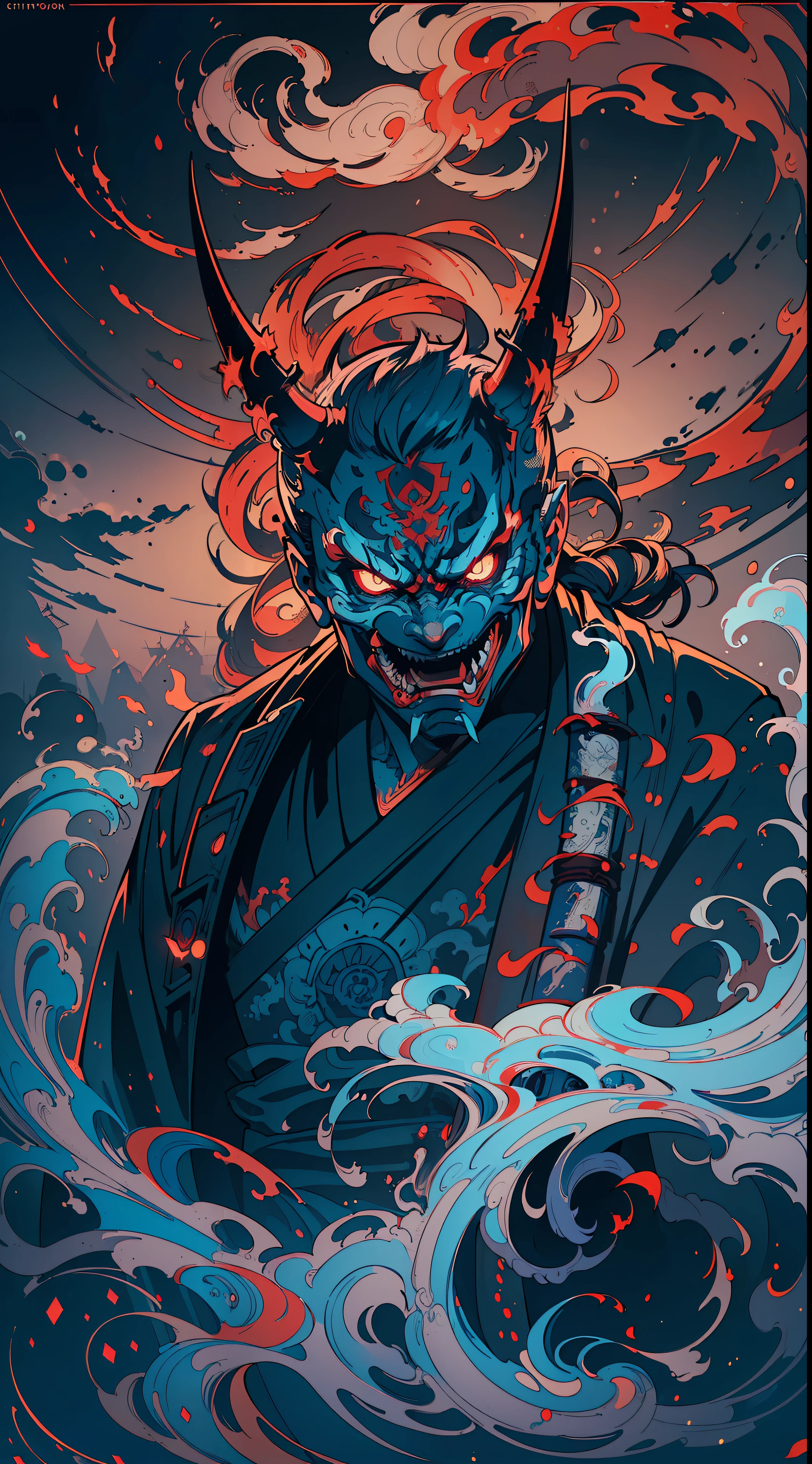 (((Masterpiece))),(((Best quality))),(((Amazing detail))),((illustration)),((A high resolution)),((8K)),red Hannya mask,cold tone,cool,Blue Ambiance,jump,function style,dark style,dark fantasy,angry,realistic,midnight,chiaroscuro,bokeh,cyberpunk,Japanese,samurai,intricate pattern,lit. blue smoke from the mouth