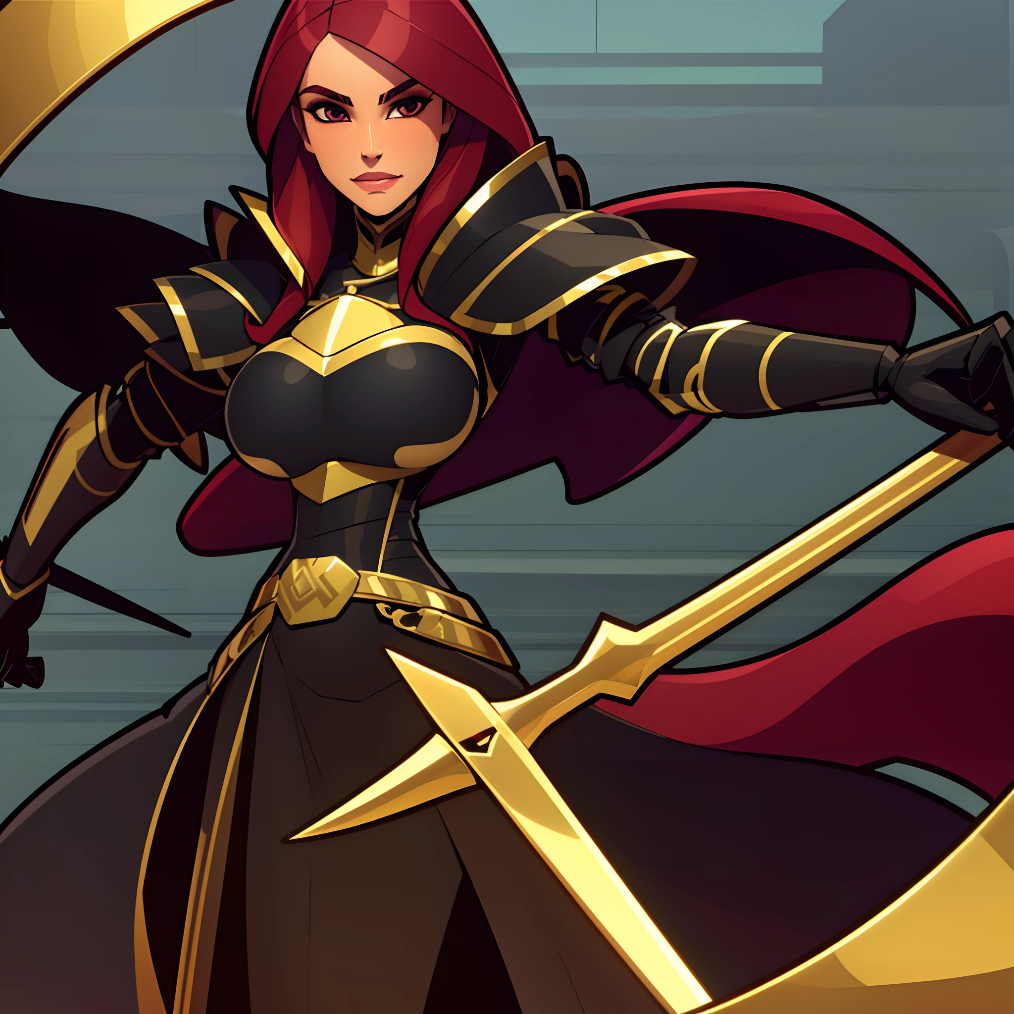 Best quality, female black knight, dark brown skin, red hair, gold broadsword