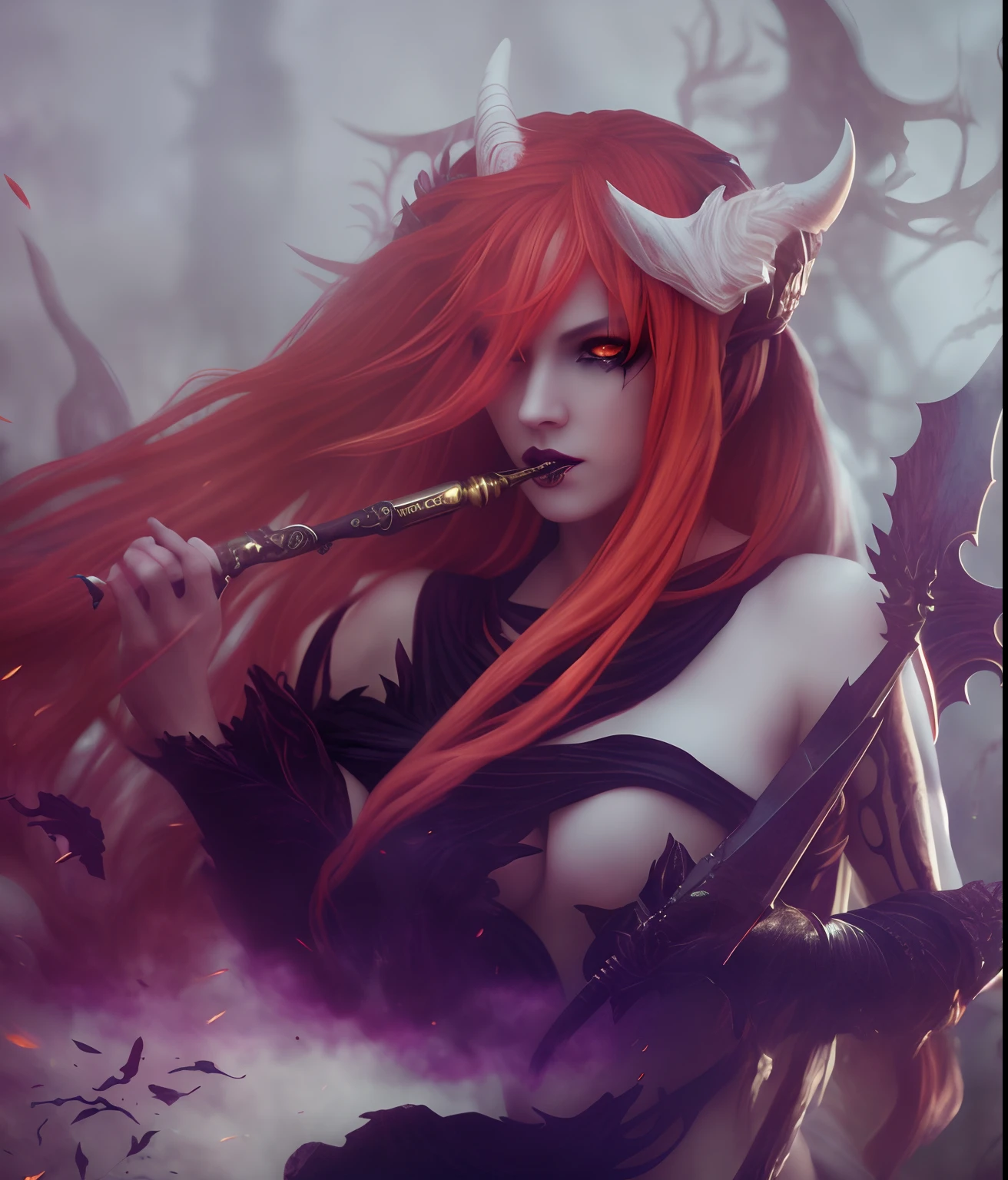 (best quality,4k,8k,highres,masterpiece:1.2),ultra-detailed,woman,make-up,demon,redhead,white horns,yellow eyes,playing flute,dark fantasy,ethereal atmosphere,vibrant colors,soft lighting,gothic aesthetic,mysterious shadows