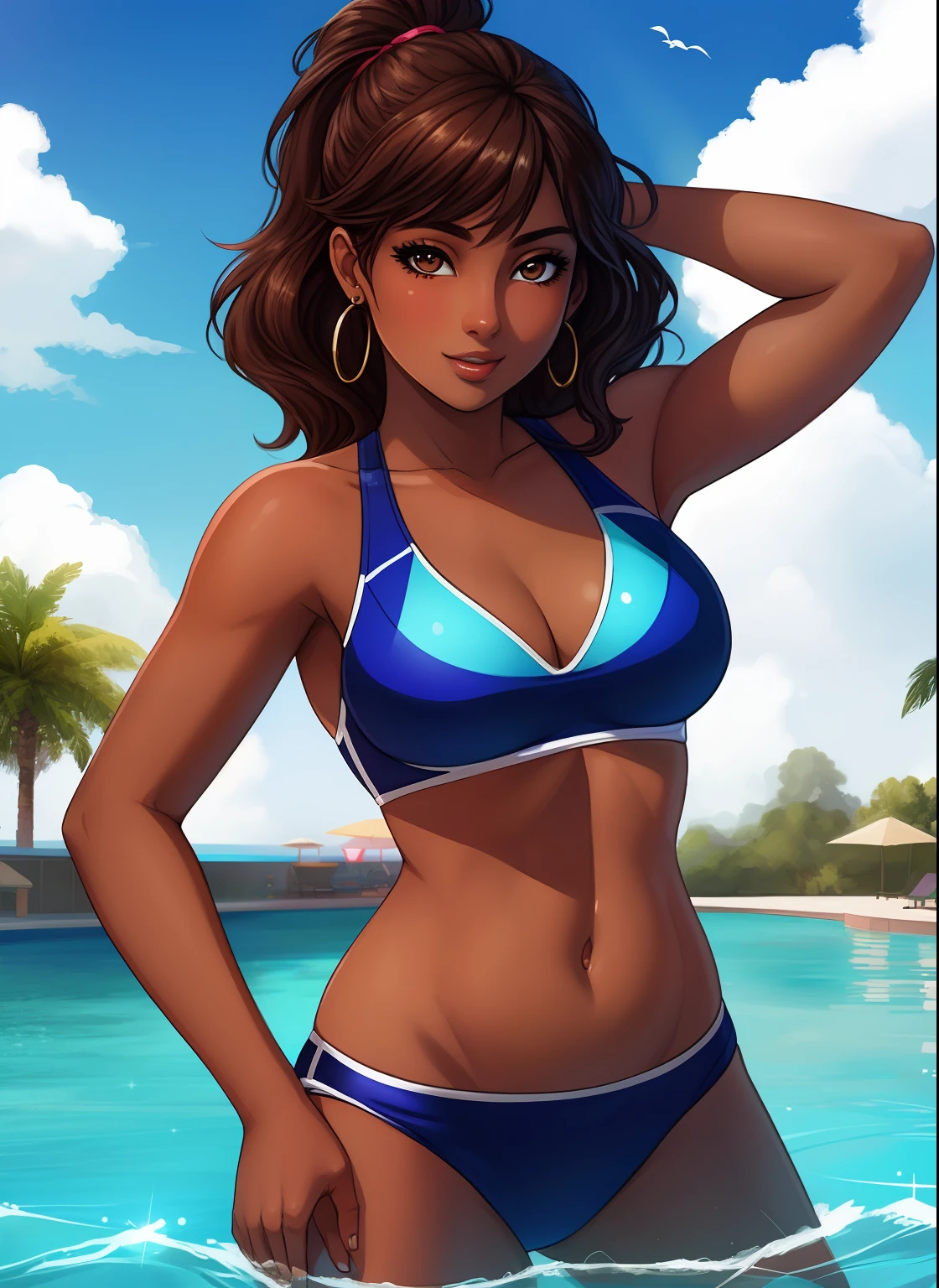 Masterpiece,best quality,high quality,ultra-realistic, Extremely detailed,vibrant colors,female teenager,sunny day, portrait, (brown skin complexion), seducing, swim suit, chest, arms, belly button