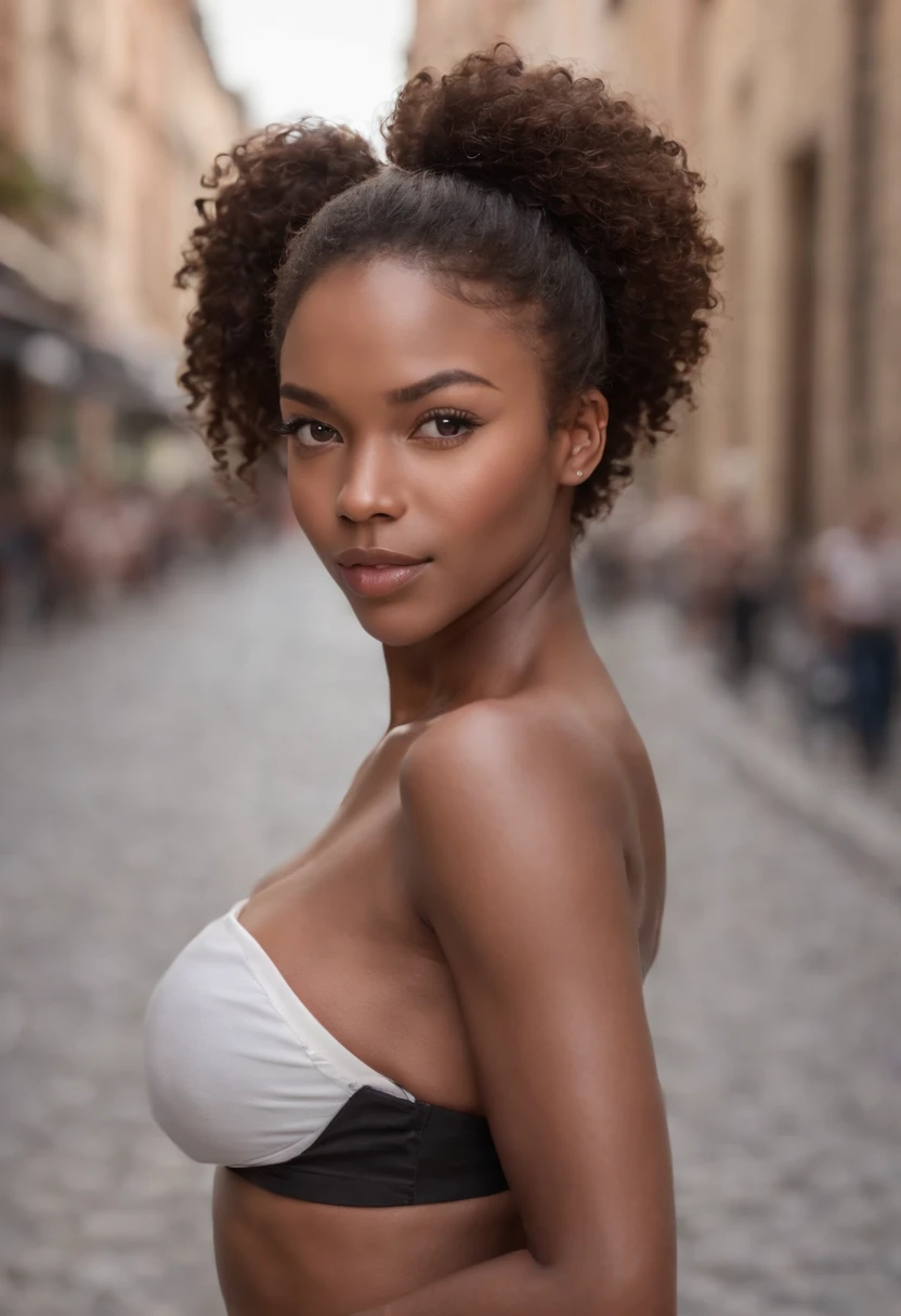((Dark African skin, Very deep ebony skin)), ((Its beauty is undeniable)), ((cute excited face)), ((Hyper detailed perfect eyes,)), ((pose mignonne)), ((Langue sortie)), ((attirant )), sexy, (( Tight knit shirt, shorts courts sexy)), ((Afro curly African hair afro ponytail afro,)), (( peau)), ((debout, Vue de face)), ((Toucher ses propres jambes dans une pose sexy)), ((Dehors, Ville publique)), CGI ciblé, Fotorrealista, High detail, Realstic, Master part, Absurde, Best quality, Hdr, highly quality, high-definition, extremly detailed, 8k wallpaper, intricate high detail, 8K UHD, Full-HD, (photo realist:1.2), contraste, intense illumination, lighting cinematic, natural lighting, hard light, contre-jour, Illumination globale, occlusion ambiante