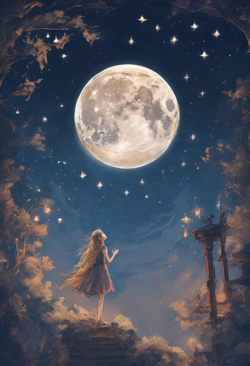 Full Moon Sky、nigh sky、Girl looking up at the sky