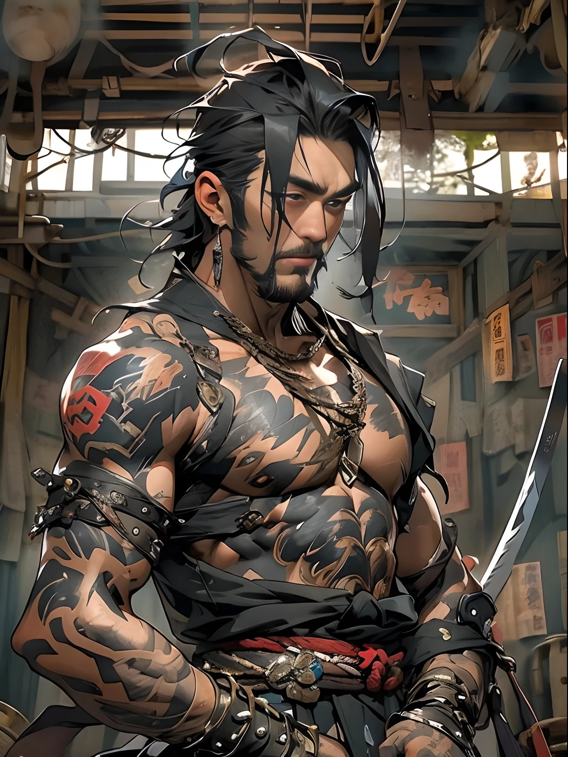 a portrait of a samurai, the the man is wrapped in chains, detailed