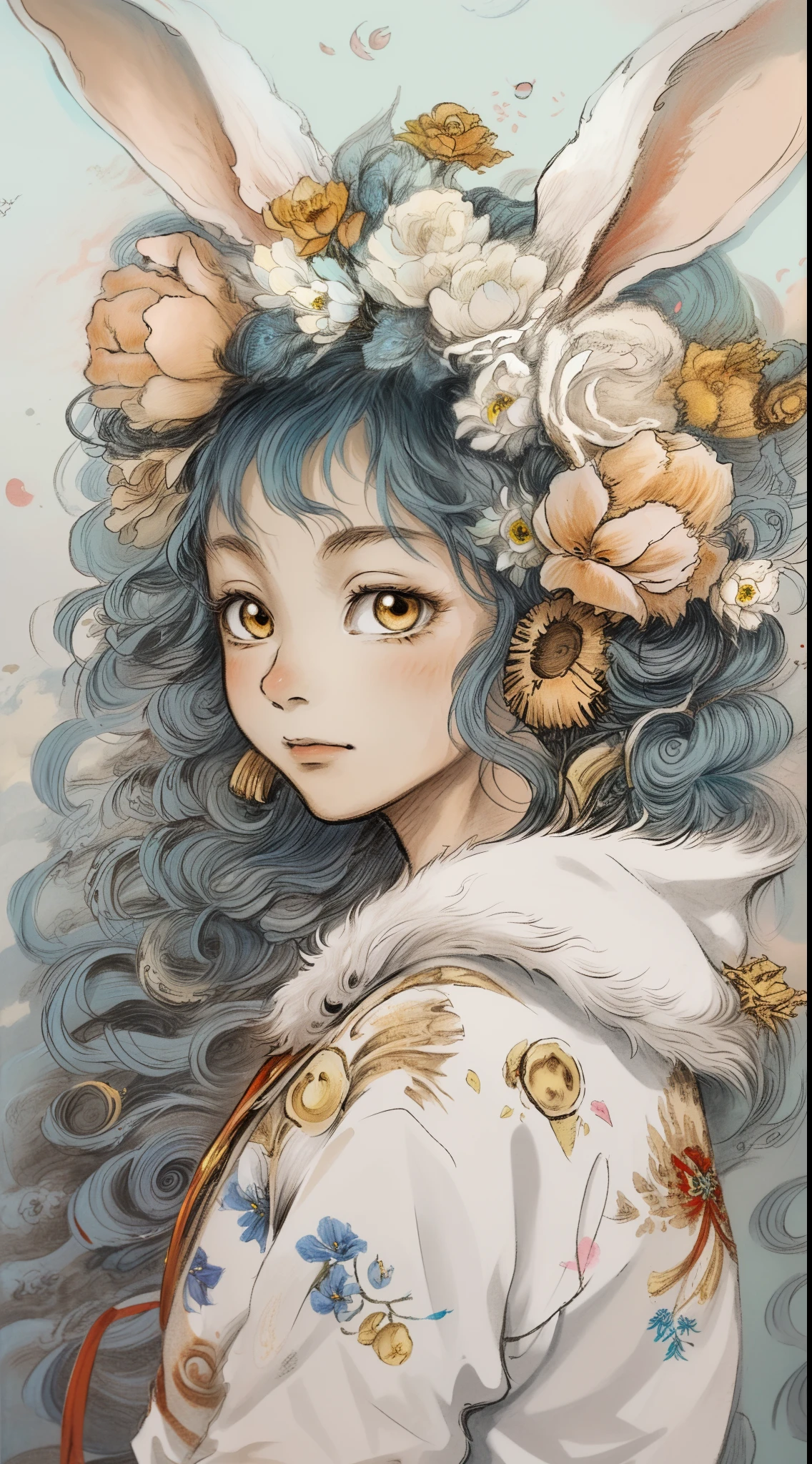 Yamazawa， themoon， Clouds， Skysky， Smart rabbit，painting of a（curly）， natta， jewely， Traditional media，  fresh flowers，
high high quality，