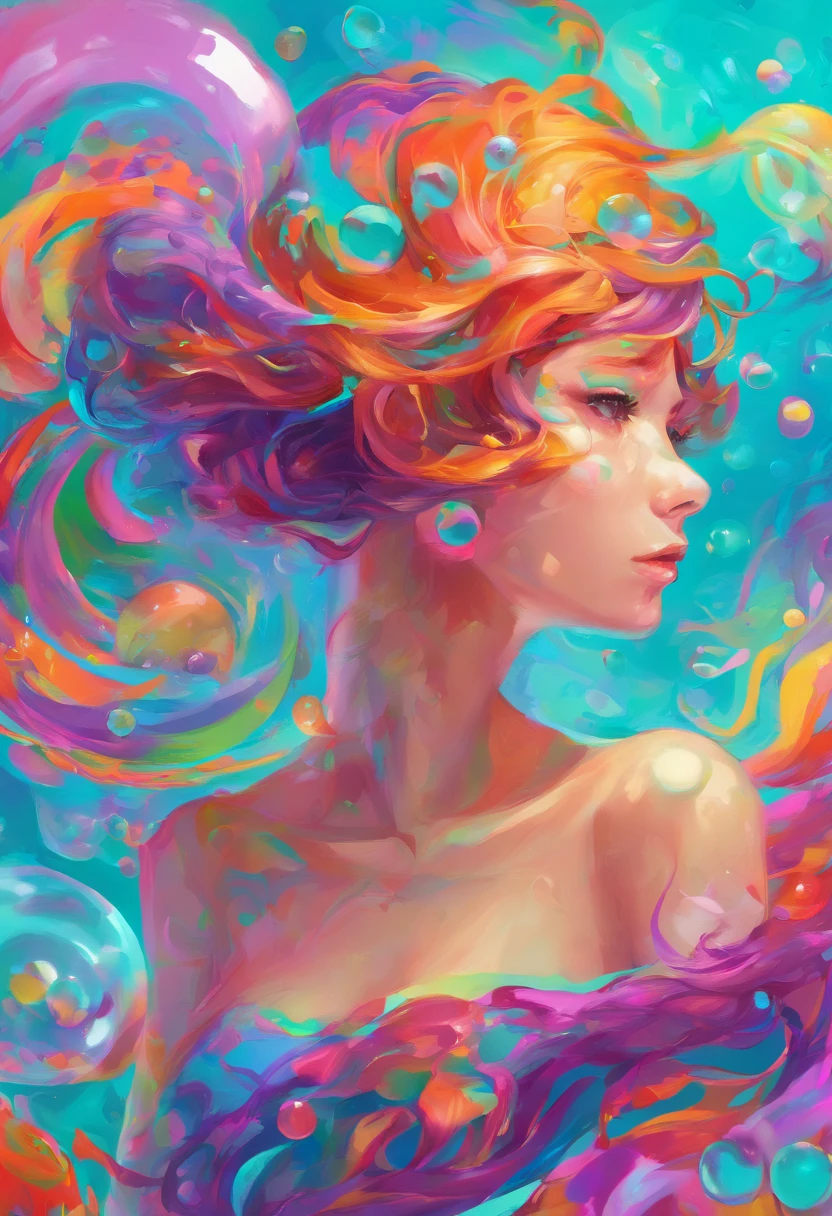 ((top-quality, 8K)), (Realistic), (Face Focus: 1.1), (cyan colors:1.3), (Green and purple colors: 1.2), girl with, short-hair, Hair fluttering in the wind, kindly smile, (Sleeveless: 1.1)、Skirt, C cup breasts, Countless soap bubbles, (Soap bubbles are red, yellow and orange:1.2), Photo of the body from the waist up, Looking up, Hands stretched up,