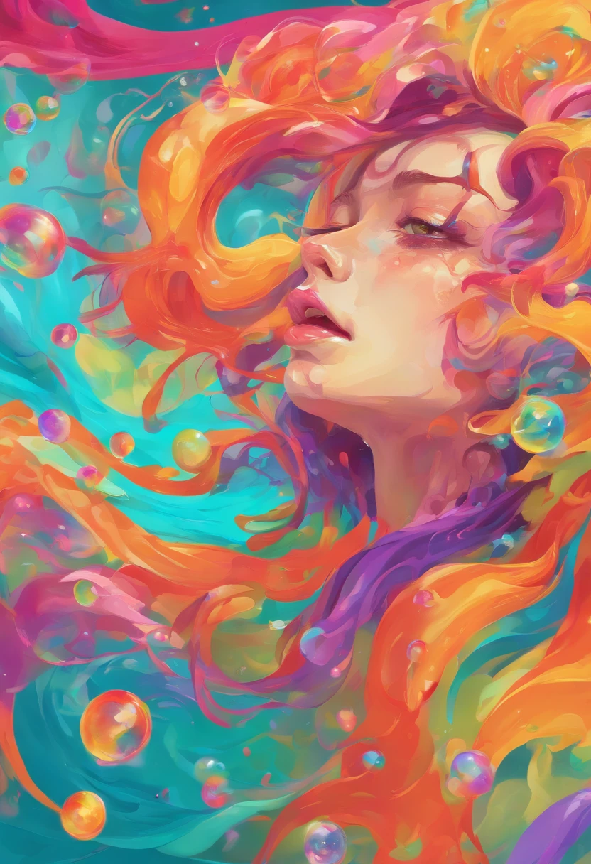 ((top-quality, 8K)), (Realistic), (Face Focus: 1.1), (cyan colors:1.3), (Green and purple colors: 1.2), girl with, short-hair, Hair fluttering in the wind, kindly smile, (Sleeveless: 1.1)、Skirt, C cup breasts, Countless soap bubbles, (Soap bubbles are red, yellow and orange:1.2), Photo of the body from the waist up, Looking up, Hands stretched up,