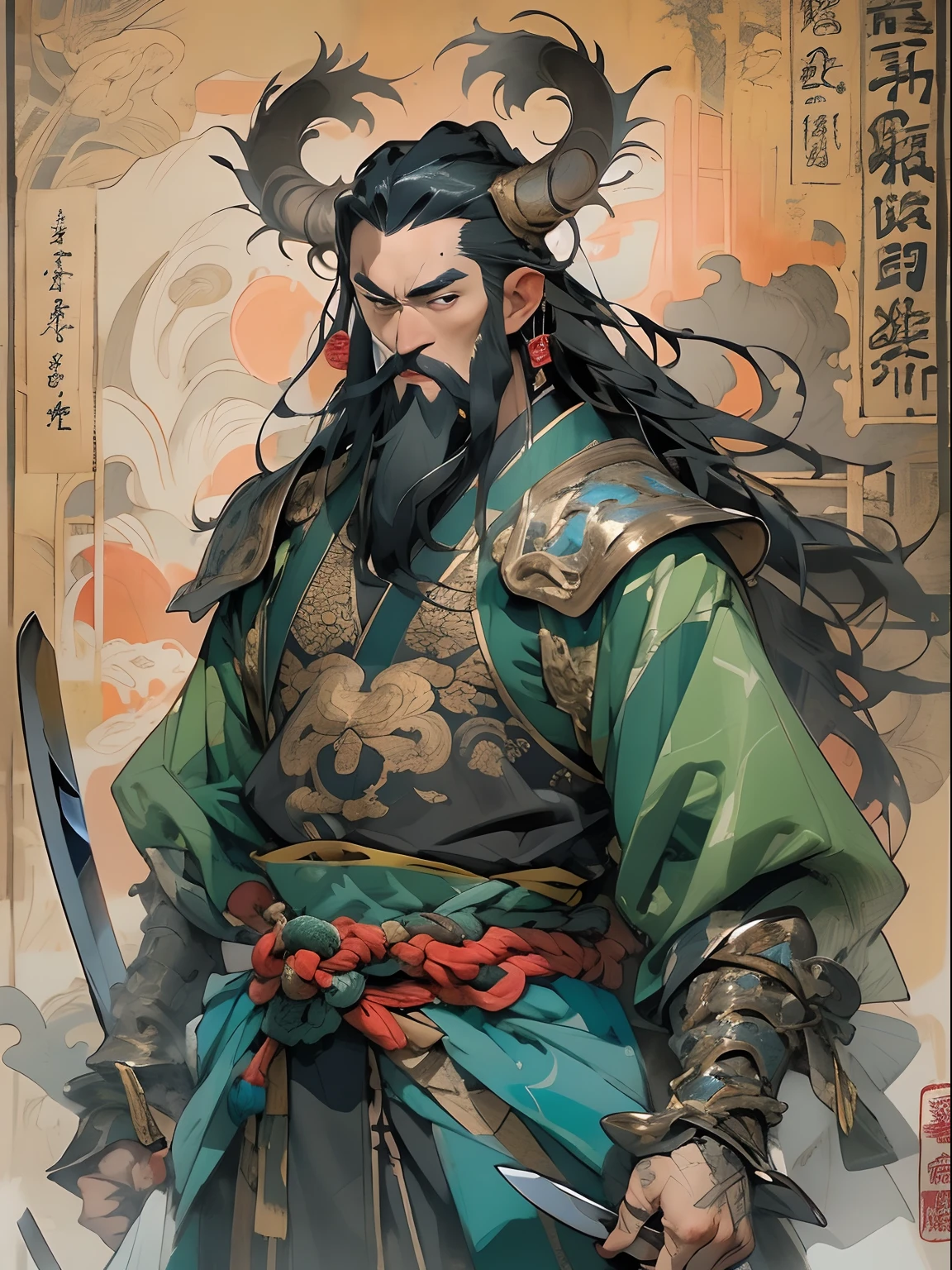 (((China-style,Ink painting method,Half-length portrait,Intense color,Han dynasty, China,Hanfu,Armor,Guan yu,Guan Yunchang,of a guy,Ruddy killing square face,Hold the Blue Dragon Moon Knife in his right hand,Stroke your beard with your left hand,Long hair,petty eyes,Green robe))), (((best qualityer))), (((tmasterpiece))), (((AS-Adult))), ((( Japanese ))), Look up from your knees, Handsome Asian samurai,perfect body figure, Modern samurai, ((( Asian))), Wear gloves on your hands,The left arm is made of steel and metal tips,Made of protective devices, The eyes are pulled, (( Appears below the chest )), (( Small dental floss )), Simon Bisley, Almost naked(Simon Bisley)Castle City Wilderness,For high-resolution posters, hair straight, Minimum clothing, armure (Crazy clothes ), Full of tips and rivets, tribal tattoos, (((full bodyesbian))), Straight brunette hair,Colored hair ends