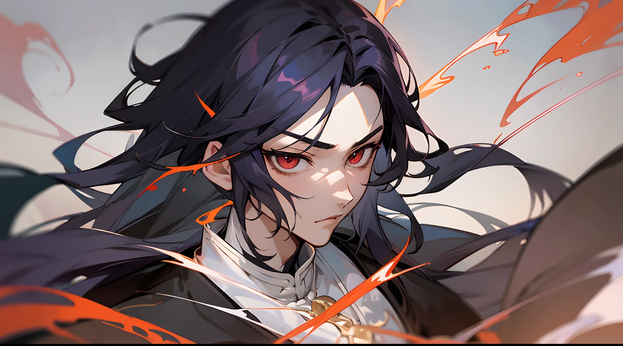 a close up of a man with a suit, dramatic scene, action movie, splash color, beautiful androgynous prince, sakimichan frank franzzeta, delicate androgynous prince, heise jinyao, handsome guy in demon slayer art, casimir art, zhongli from genshin impact, range murata and artgerm, keqing from genshin impac, long black hair, flying bangs, red eyes, smoke effect, looking at the viewers, tall muscular