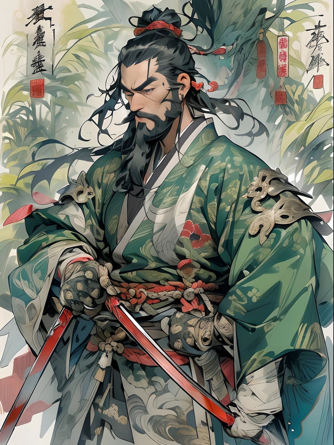 (((China-style,Ink painting method,Half-length portrait,Intense color,Han dynasty, China,Hanfu,Armor,Guan yu,Guan Yunchang,of a guy,Ruddy killing square face,Hold the Blue Dragon Moon Knife in his right hand,Stroke your beard with your left hand,Long hair,petty eyes,Green robe))), (((best qualityer))), (((tmasterpiece))), (((AS-Adult))), ((( Japanese ))), Look up from your knees, Handsome Asian samurai,perfect body figure, Modern samurai, ((( Asian))), Wear gloves on your hands,The left arm is made of steel and metal tips,Made of protective devices, The eyes are pulled, (( Appears below the chest )), (( Small dental floss )), Simon Bisley, Almost naked(Simon Bisley)Castle City Wilderness,For high-resolution posters, hair straight, Minimum clothing, armure (Crazy clothes ), Full of tips and rivets, tribal tattoos, (((full bodyesbian))), Straight brunette hair,Colored hair ends